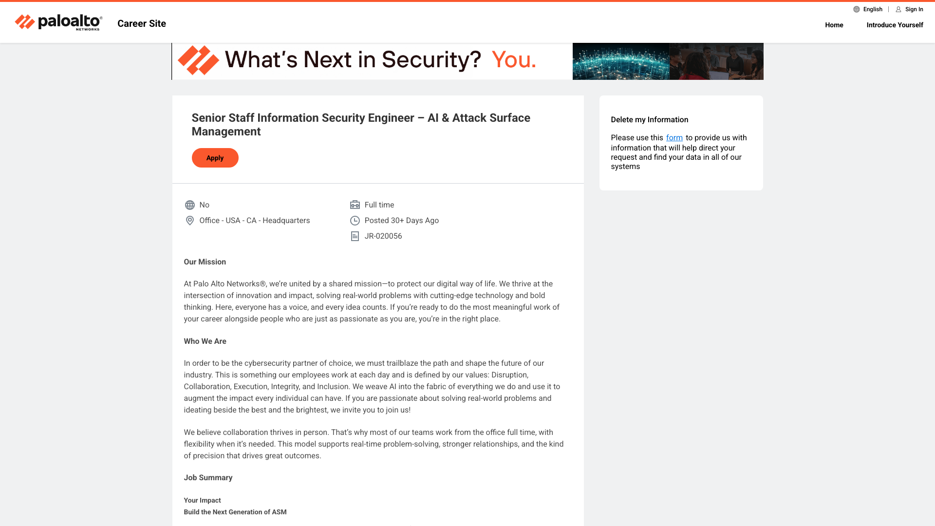 Screenshot of the Palo Alto Networks Senior Staff Information Security Engineer – AI & Attack Surface Management job posting, captured 2026-09-05
