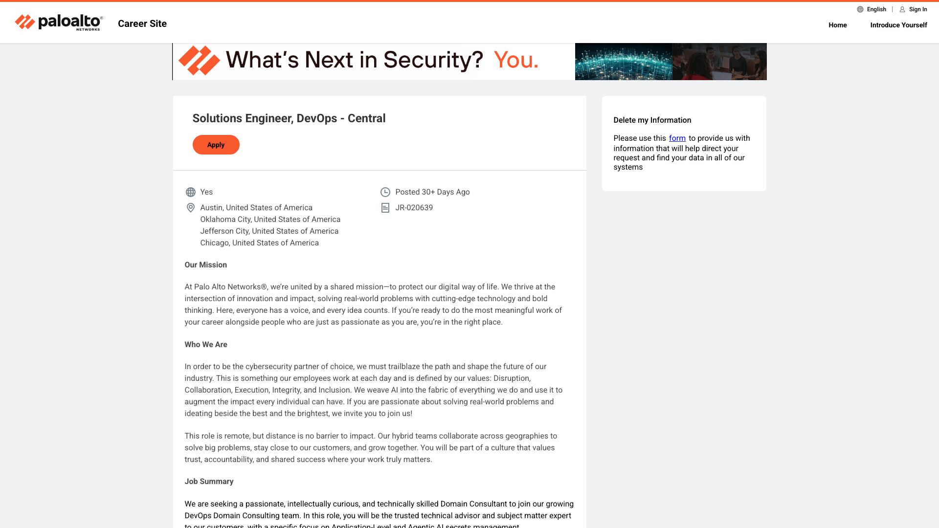Screenshot of the Palo Alto Networks Solutions Engineer, DevOps - Central job posting, captured 2026-10-25