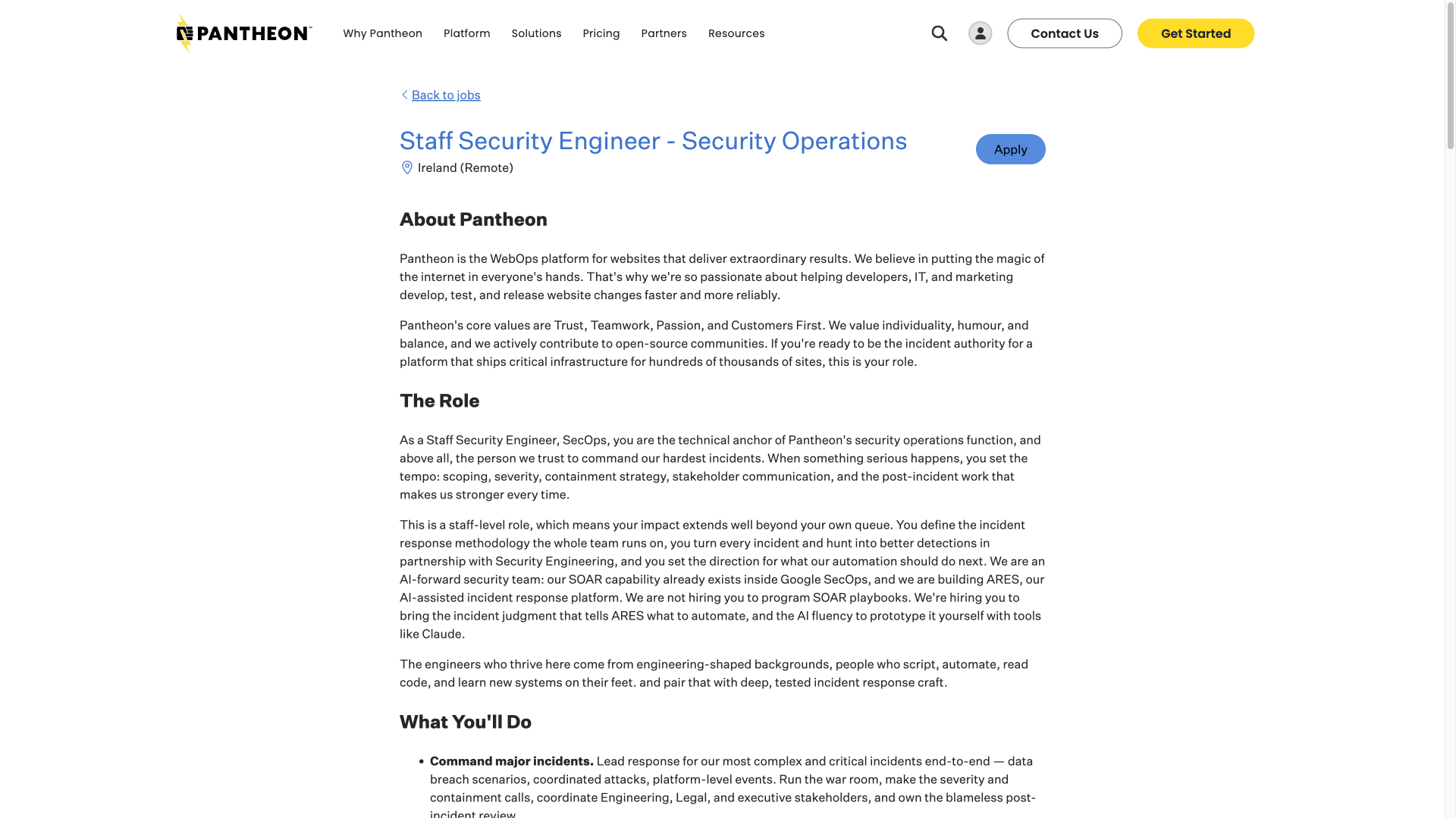 Screenshot of the Pantheon Staff Security Engineer - Security Operations job posting, captured 2026-10-01