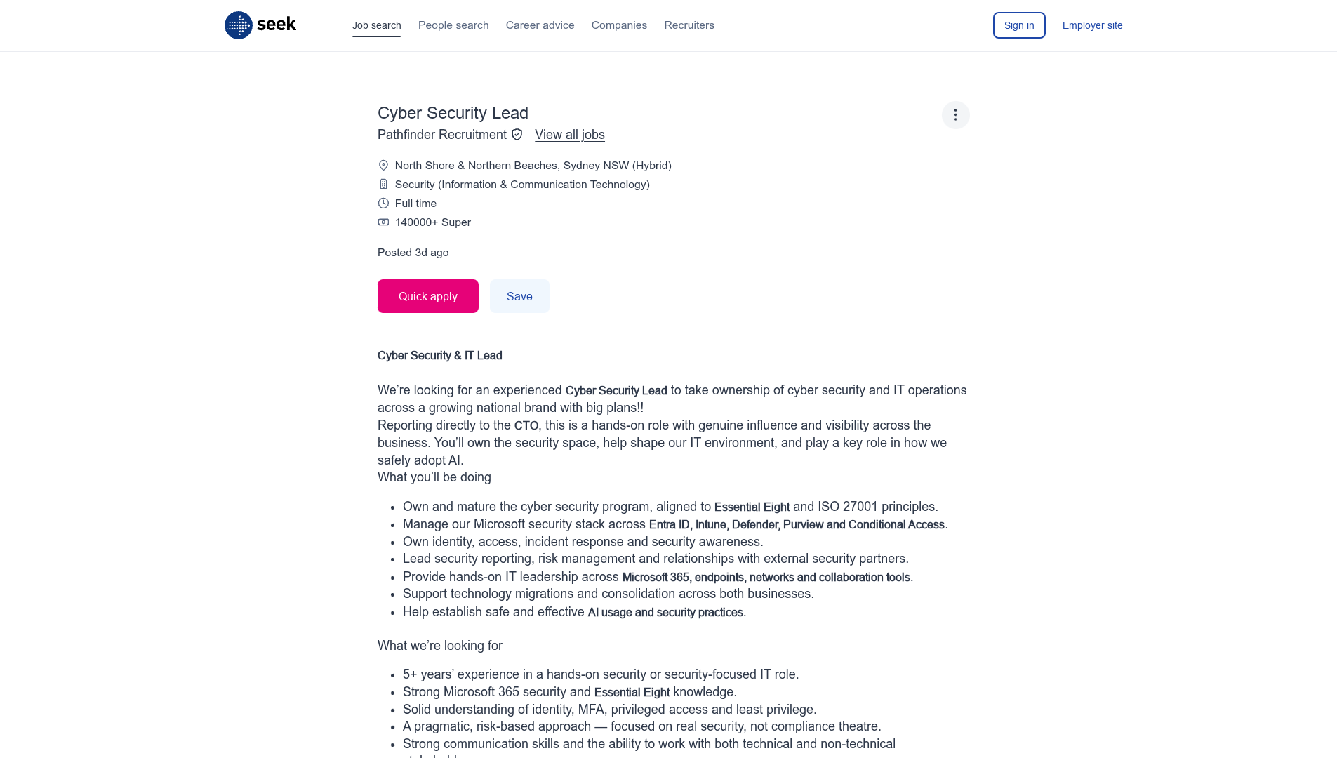Screenshot of the Pathfinder Recruitment (client undisclosed) Cyber Security Lead job posting, captured 2026-09-05