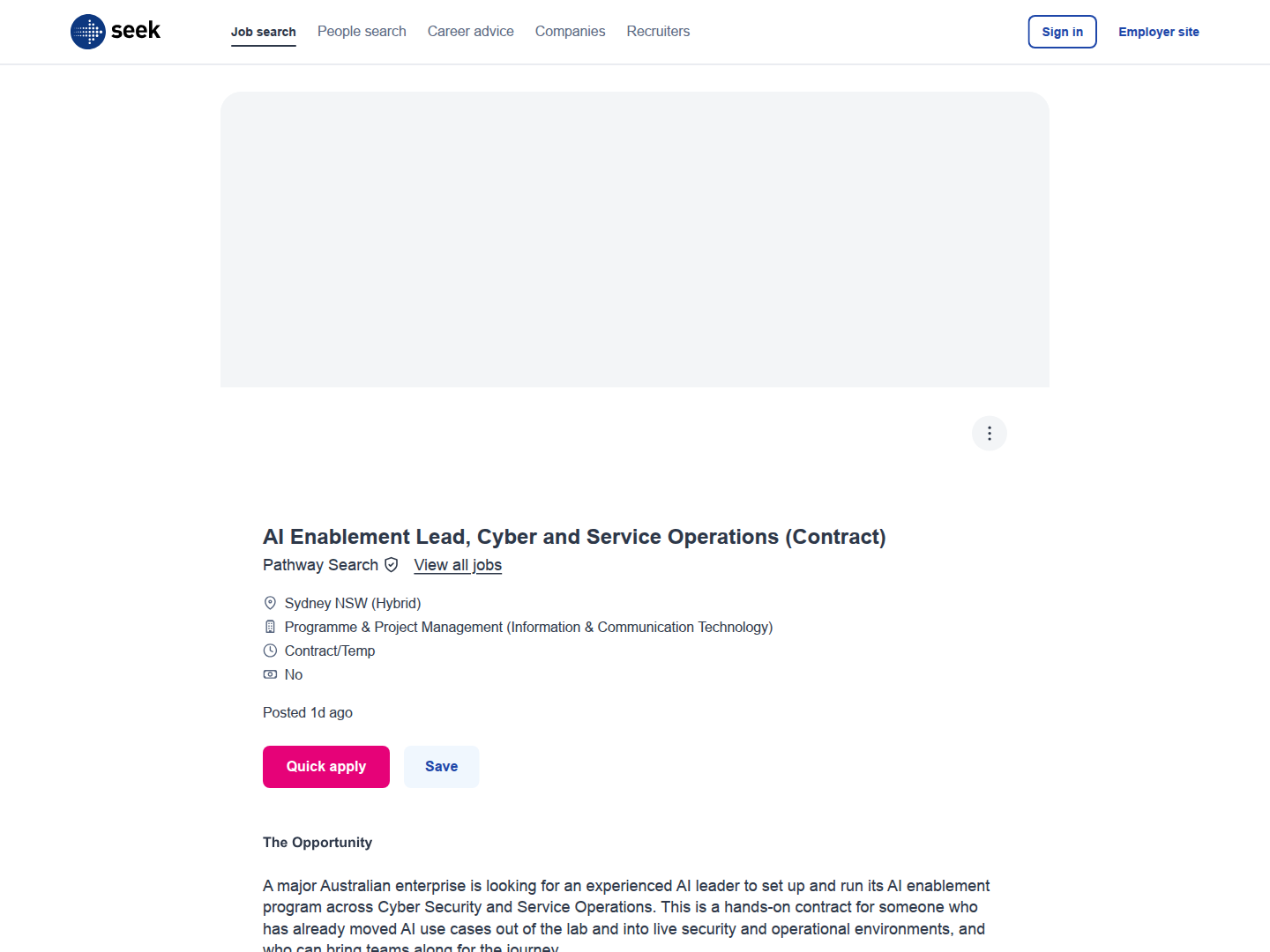 Screenshot of the Pathway Search AI Enablement Lead, Cyber and Service Operations (Contract) job posting, captured 2026-10-22