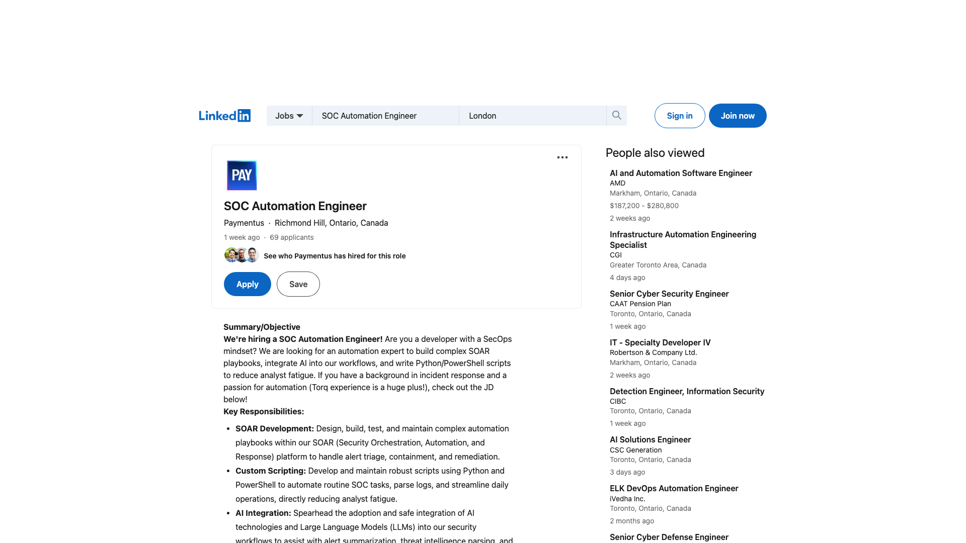 Screenshot of the Paymentus SOC Automation Engineer job posting, captured 2026-09-05