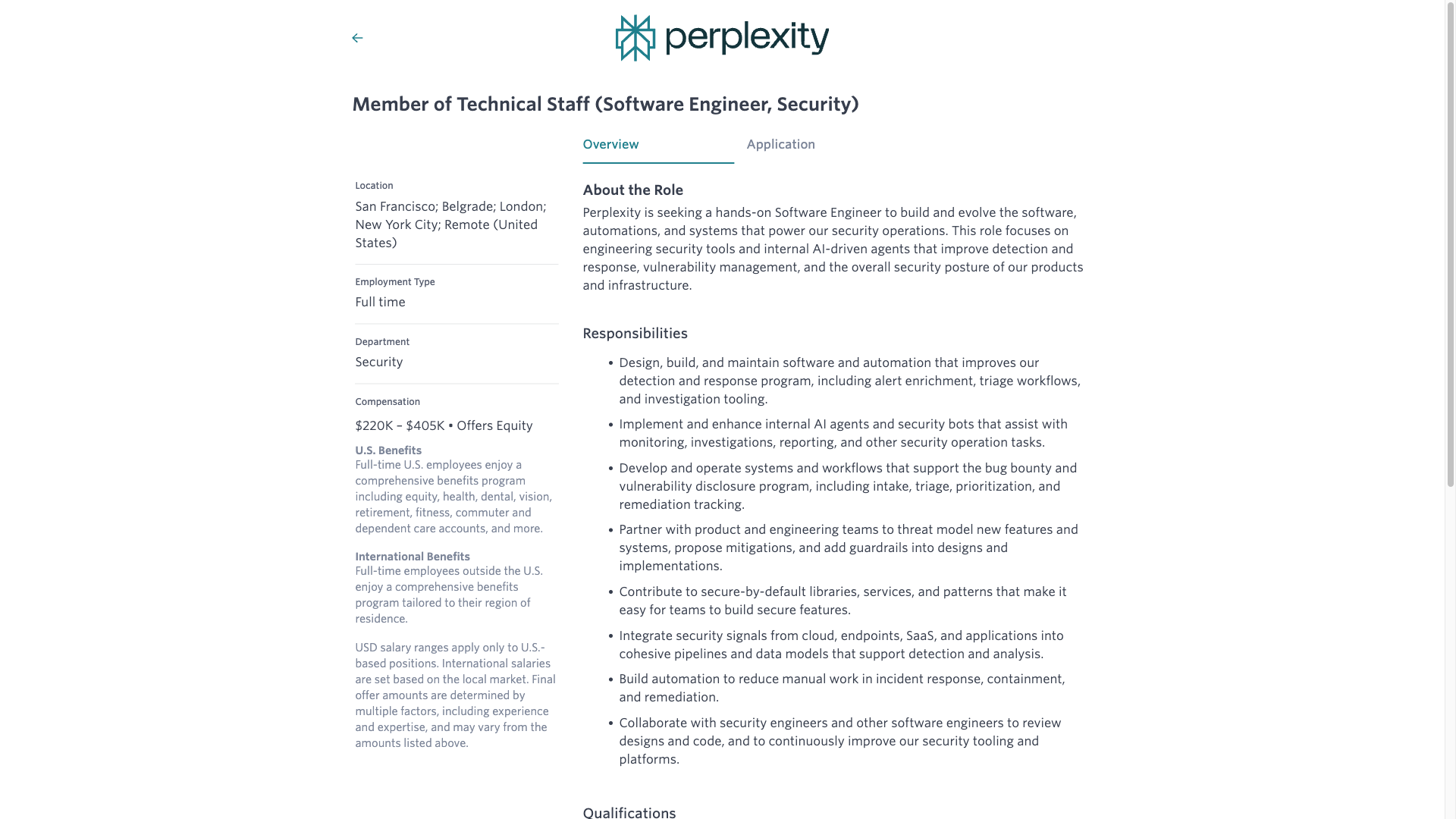 Screenshot of the Perplexity Member of Technical Staff (Software Engineer, Security) job posting, captured 2026-10-01