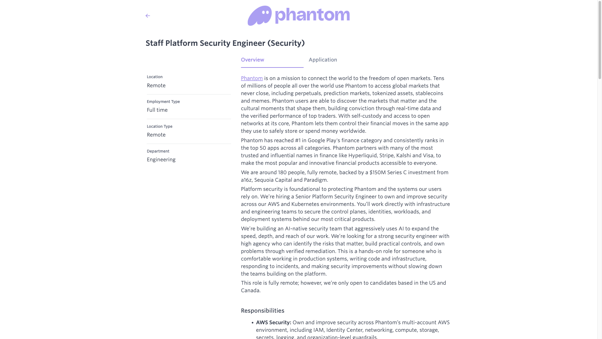 Screenshot of the Phantom Staff Platform Security Engineer (Security) job posting, captured 2026-10-01
