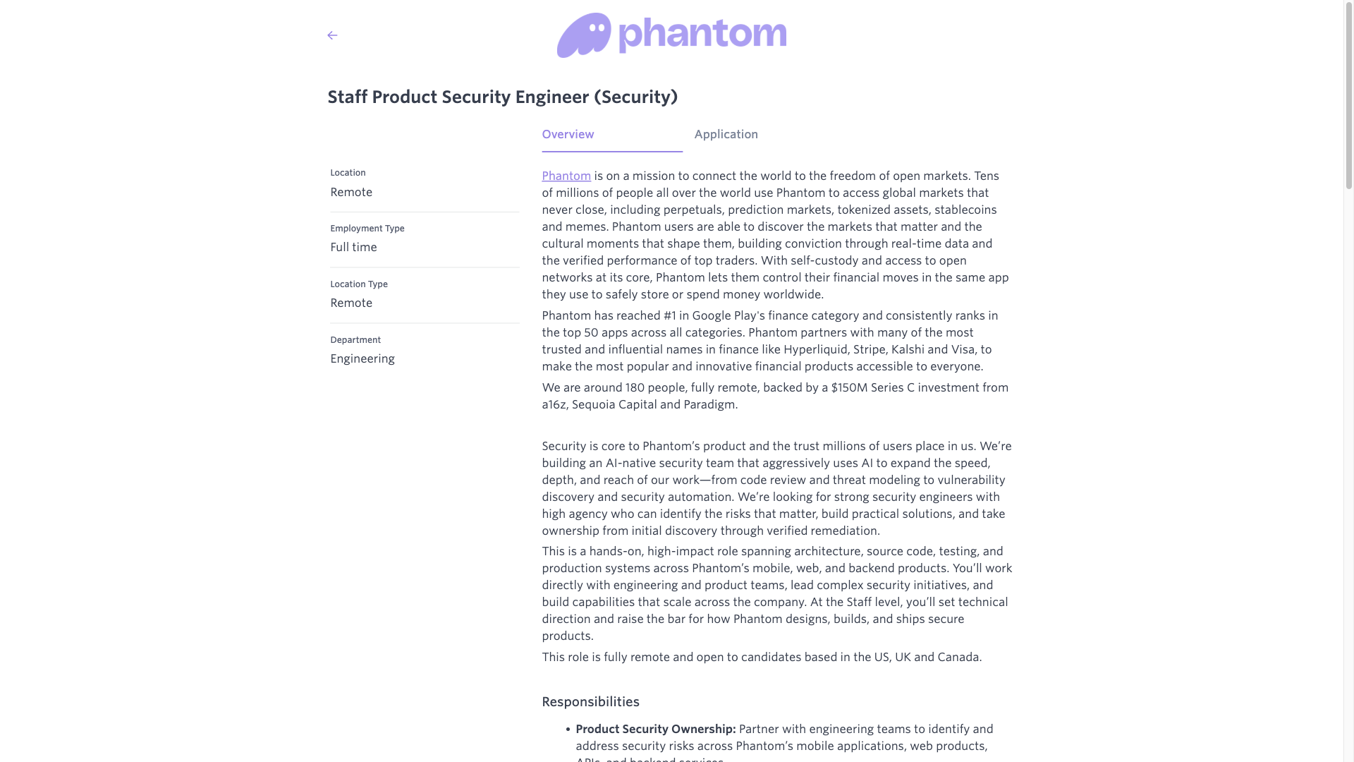 Screenshot of the Phantom Staff Product Security Engineer (Security) job posting, captured 2026-10-01