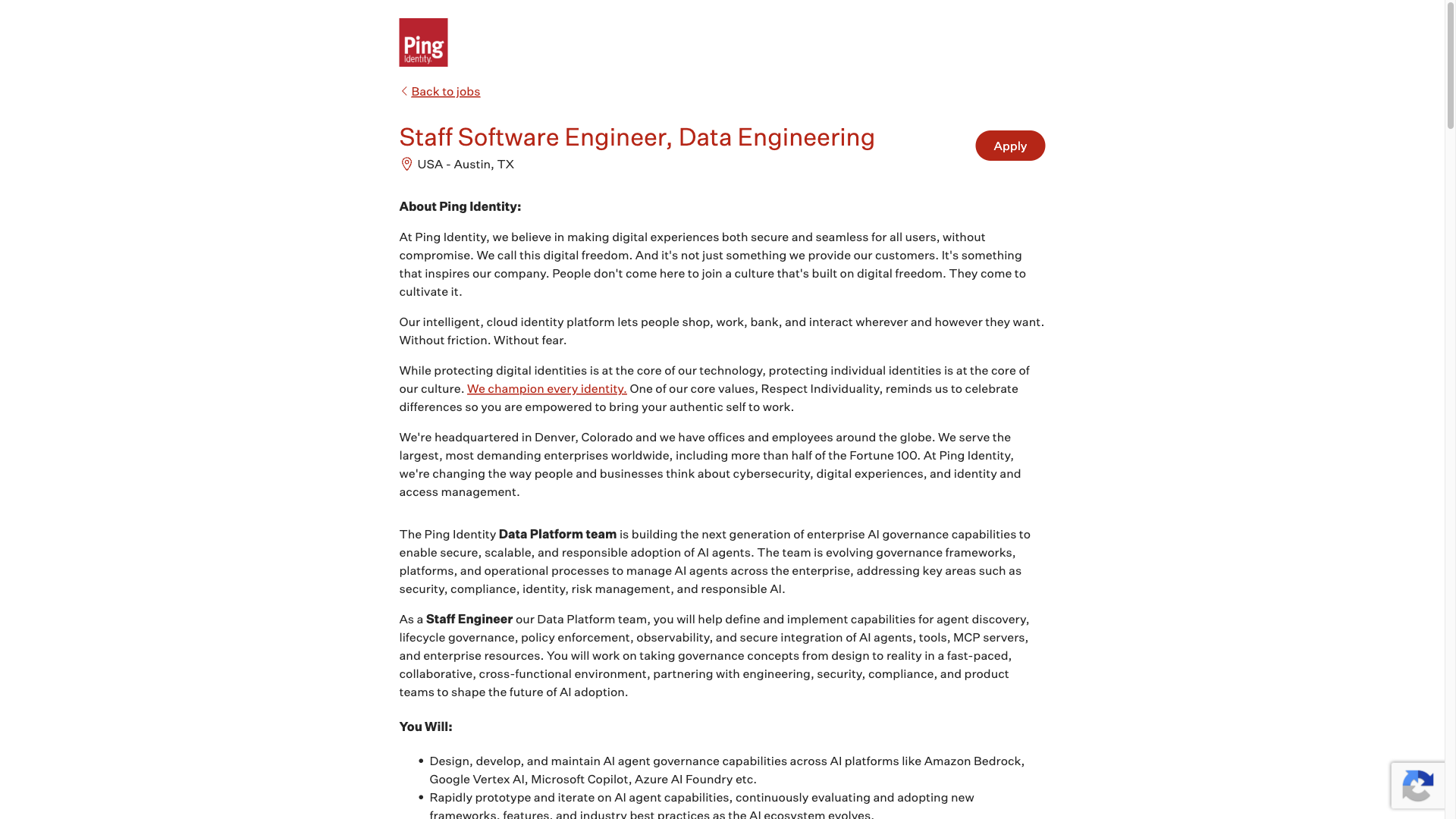 Screenshot of the Ping Identity Staff Software Engineer, Data Engineering job posting, captured 2026-09-29