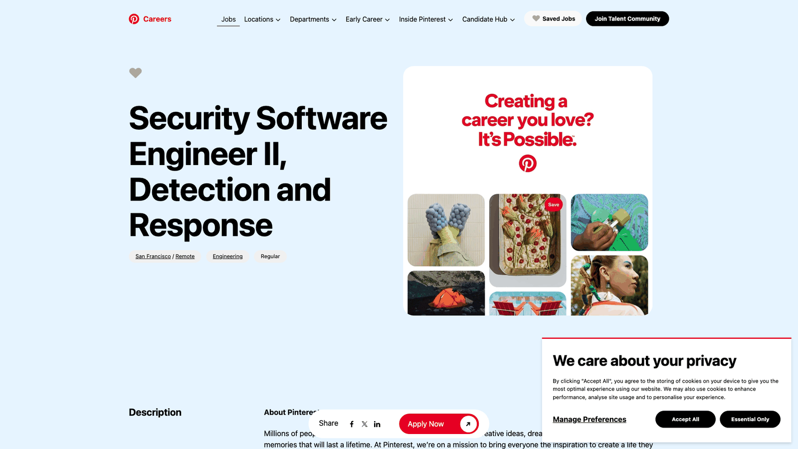 Screenshot of the Pinterest Security Software Engineer II, Detection and Response job posting, captured 2026-08-31