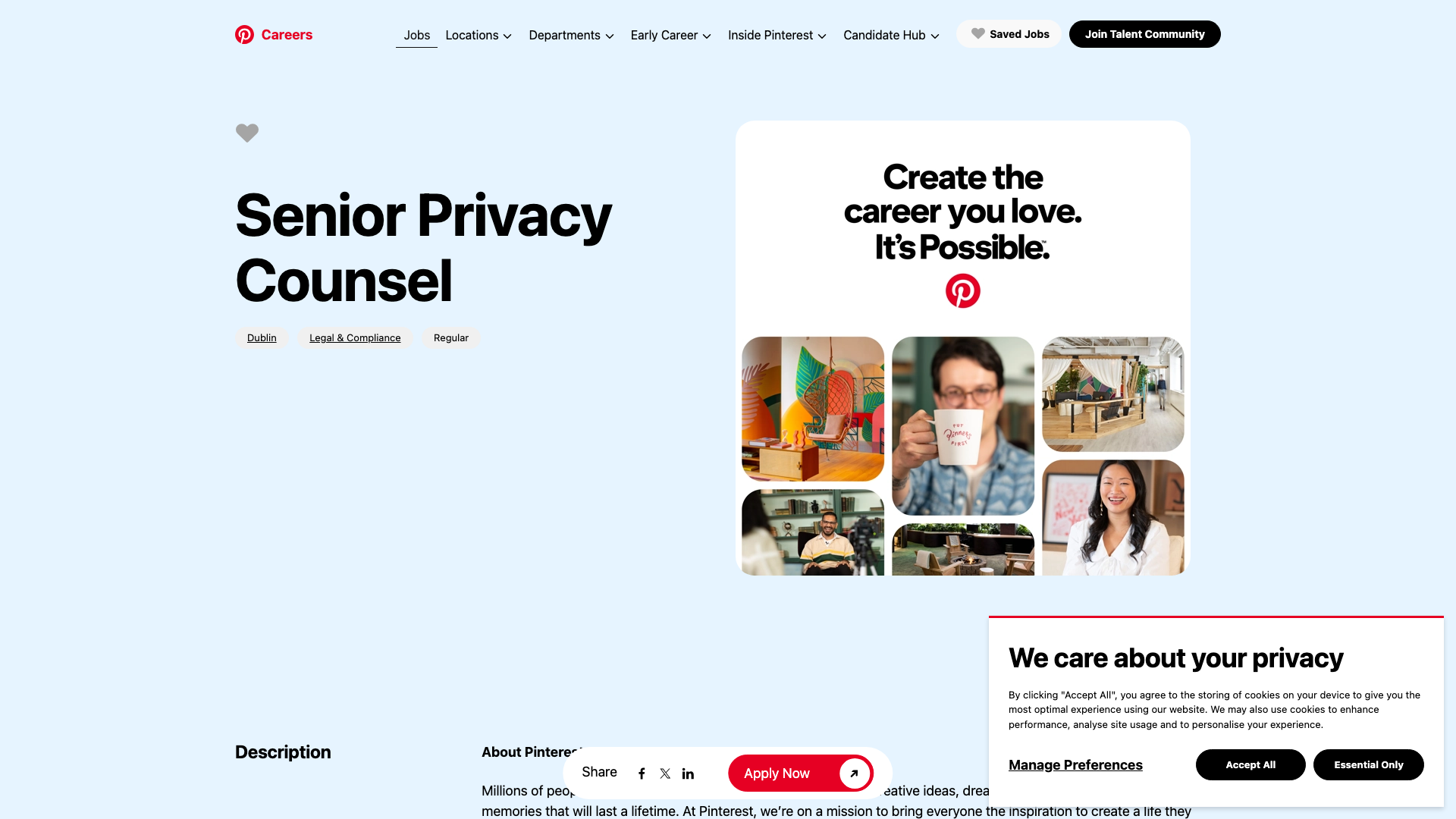 Screenshot of the Pinterest Senior Privacy Counsel job posting, captured 2026-10-22
