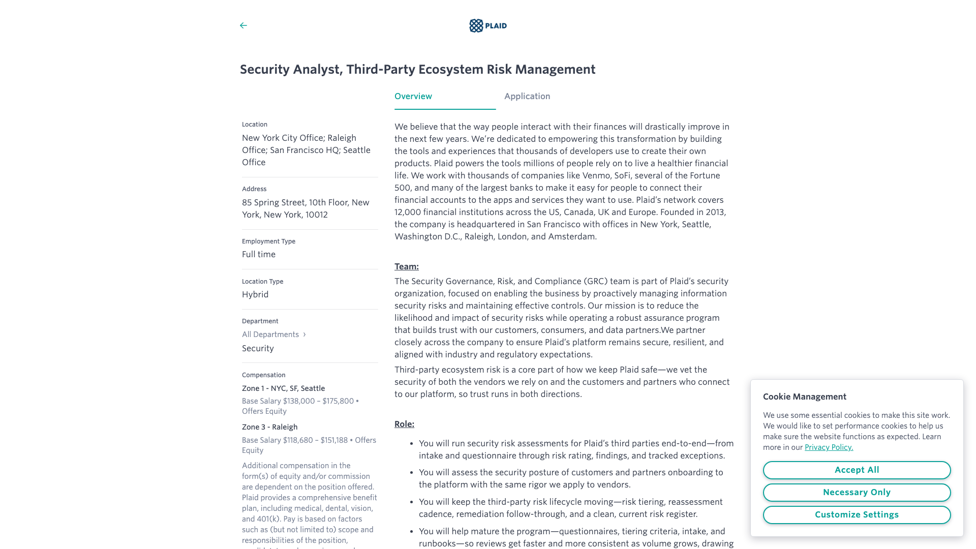 Screenshot of the Plaid Security Analyst, Third-Party Ecosystem Risk Management job posting, captured 2026-10-22