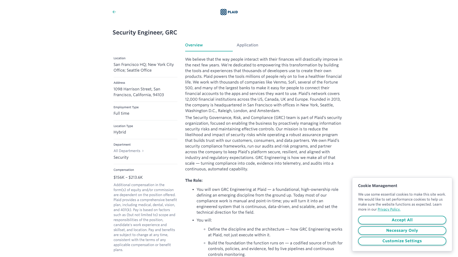 Screenshot of the Plaid Security Engineer, GRC job posting, captured 2026-09-07