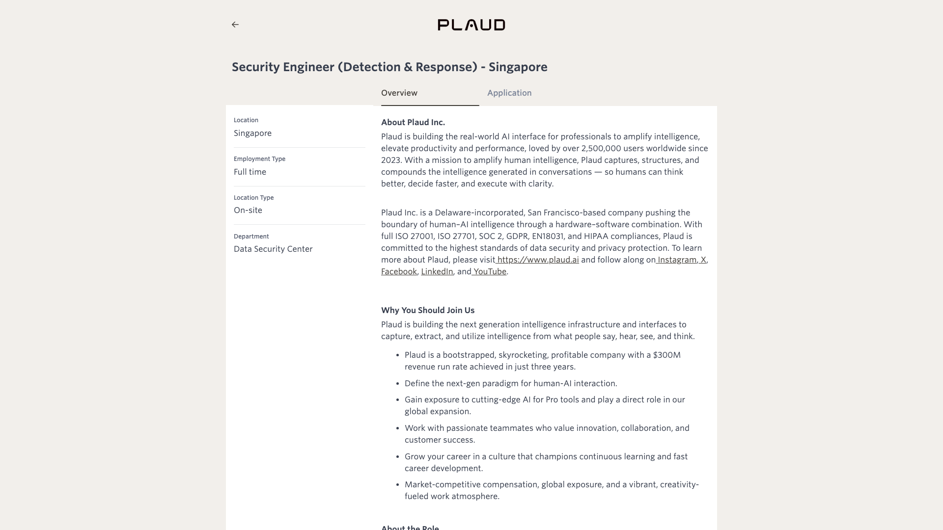 Screenshot of the Plaud Security Engineer (Detection & Response) - Singapore job posting, captured 2026-10-22