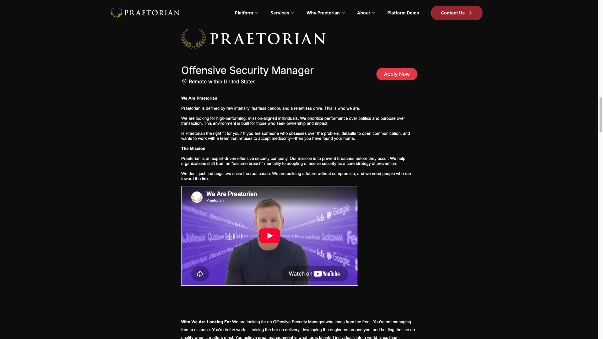 Screenshot of the Praetorian Offensive Security Manager job posting, captured 2026-10-01