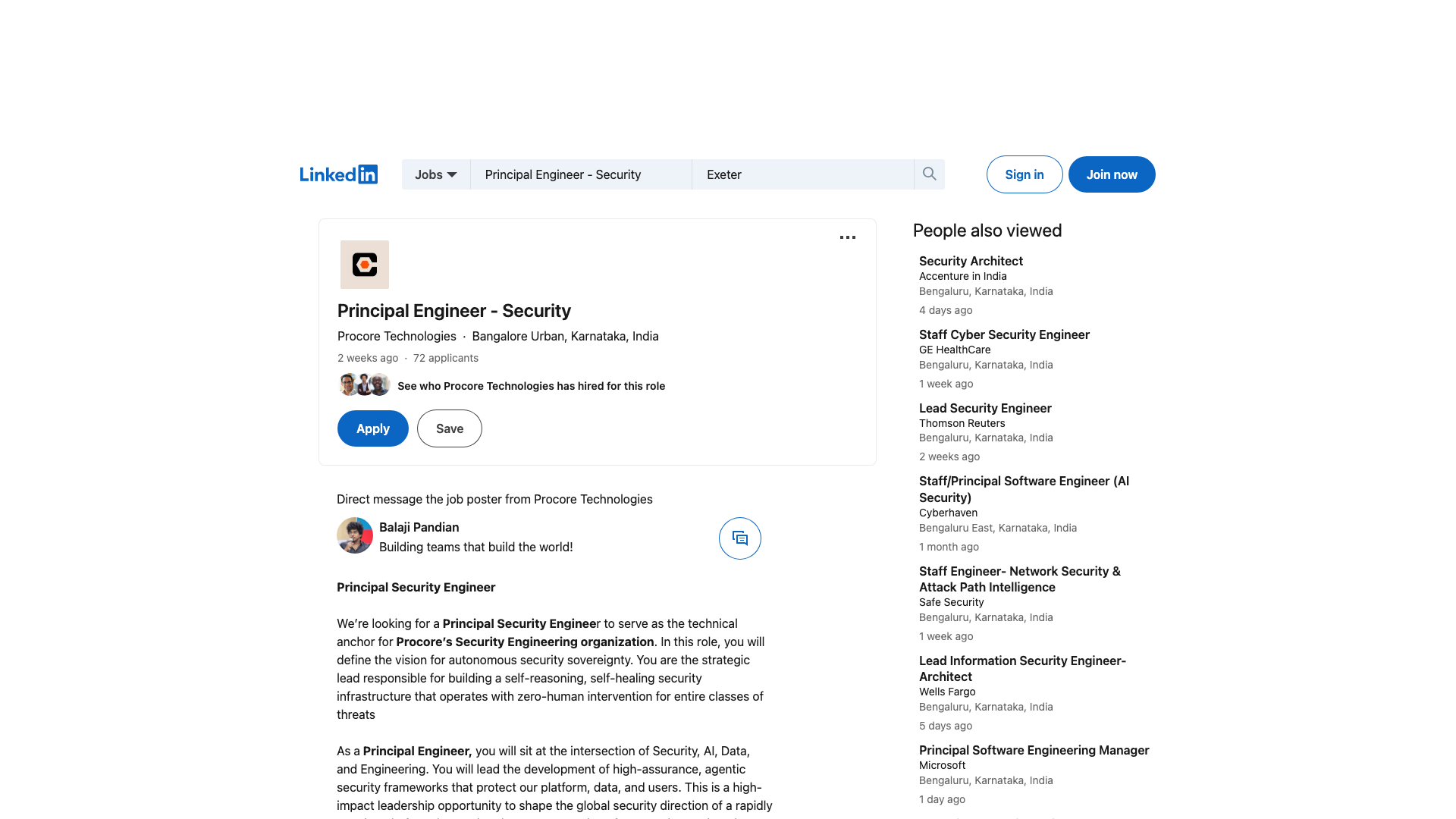 Screenshot of the Procore Principal Engineer - Security job posting, captured 2026-09-05