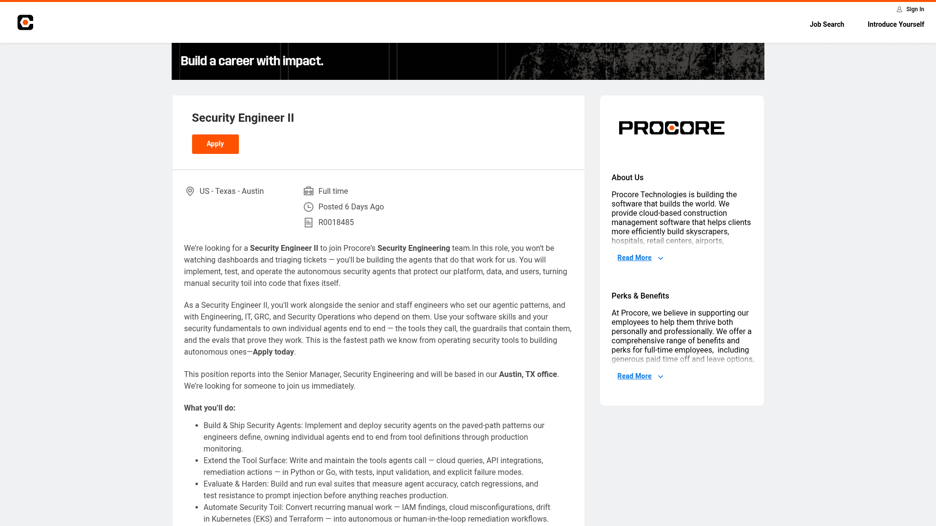 Screenshot of the Procore Security Engineer II job posting, captured 2026-08-27