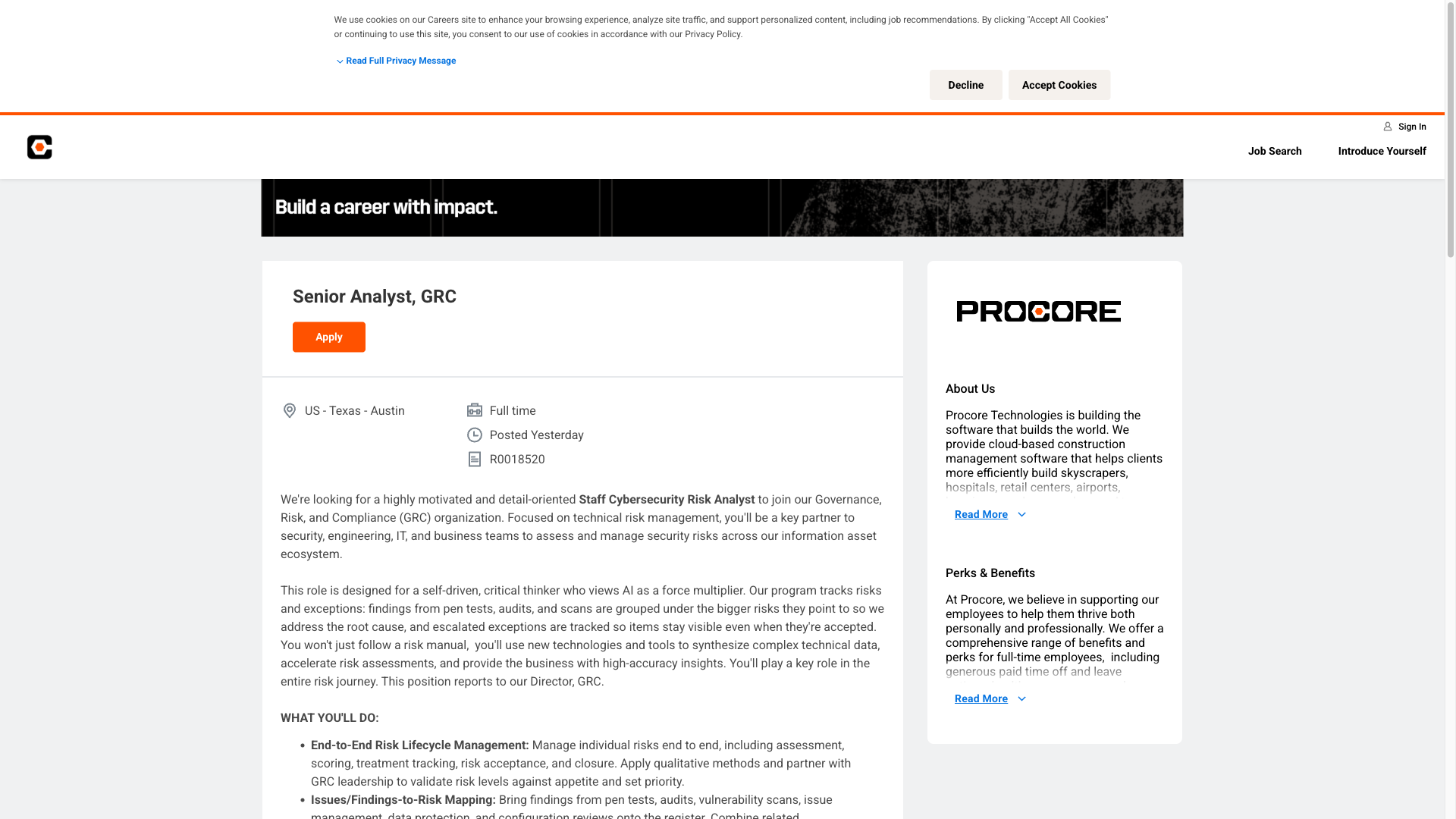 Screenshot of the Procore Senior Analyst, GRC job posting, captured 2026-10-08
