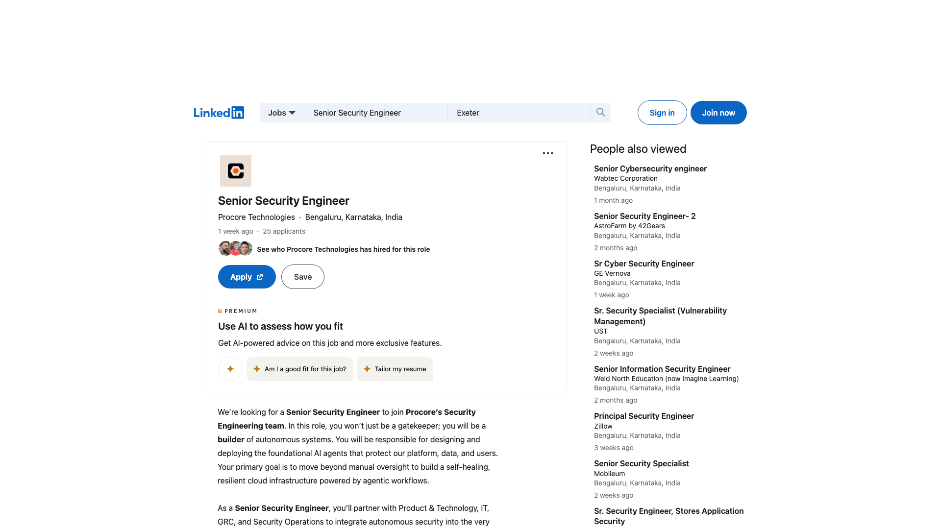 Screenshot of the Procore Senior Security Engineer job posting, captured 2026-09-05