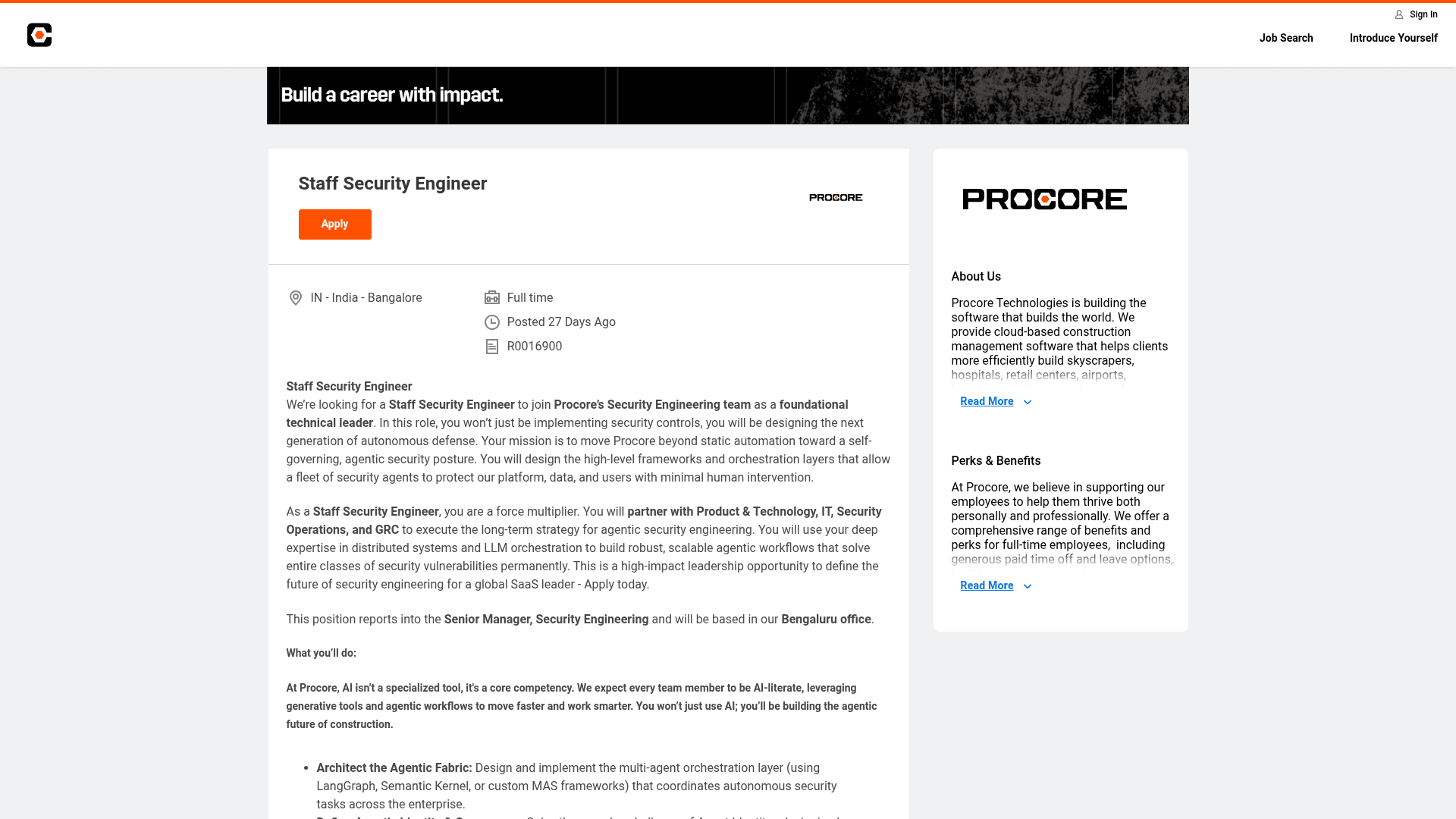 Screenshot of the Procore Staff Security Engineer job posting, captured 2026-08-27
