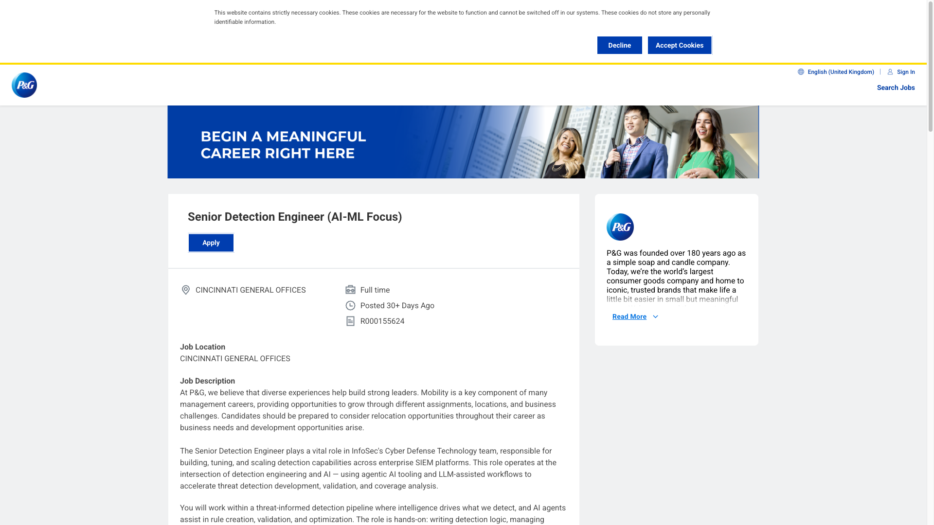 Screenshot of the Procter & Gamble Senior Detection Engineer (AI-ML Focus) job posting, captured 2026-10-01