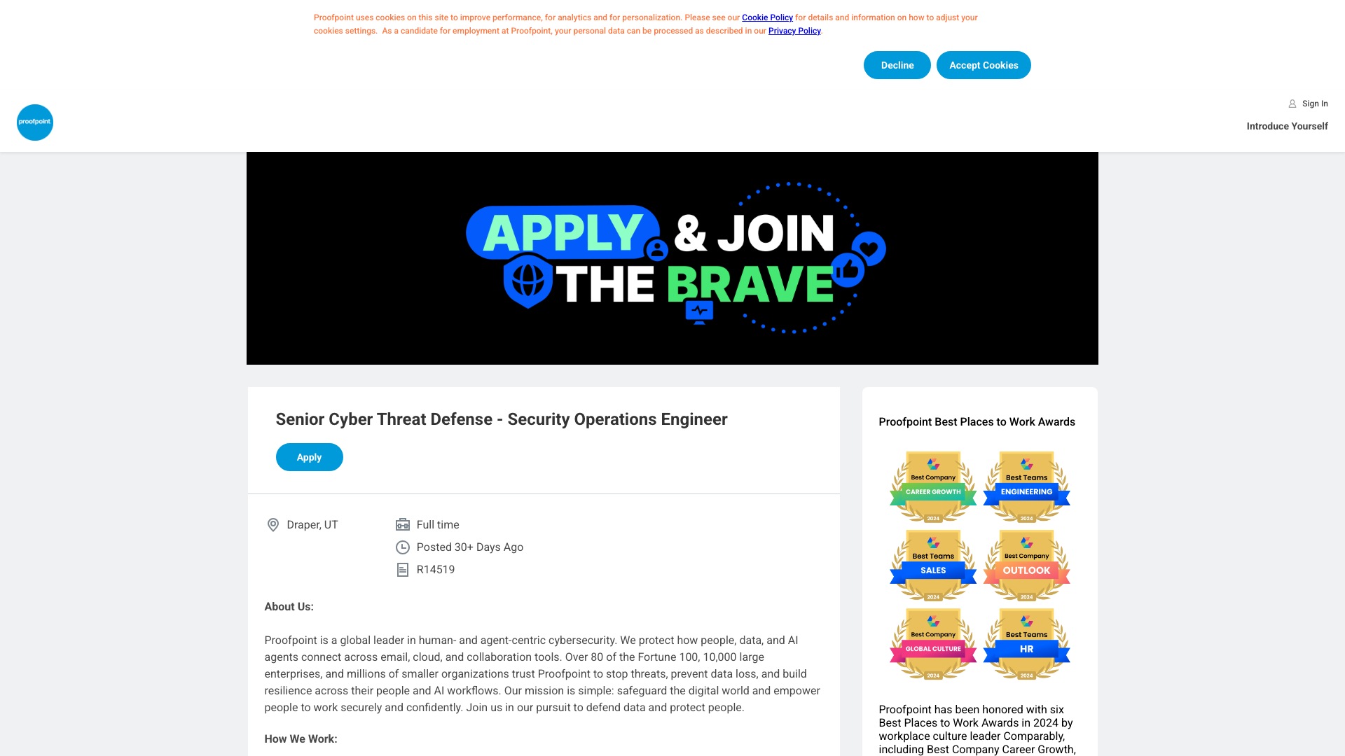 Screenshot of the Proofpoint Senior Cyber Threat Defense - Security Operations Engineer job posting, captured 2026-09-05