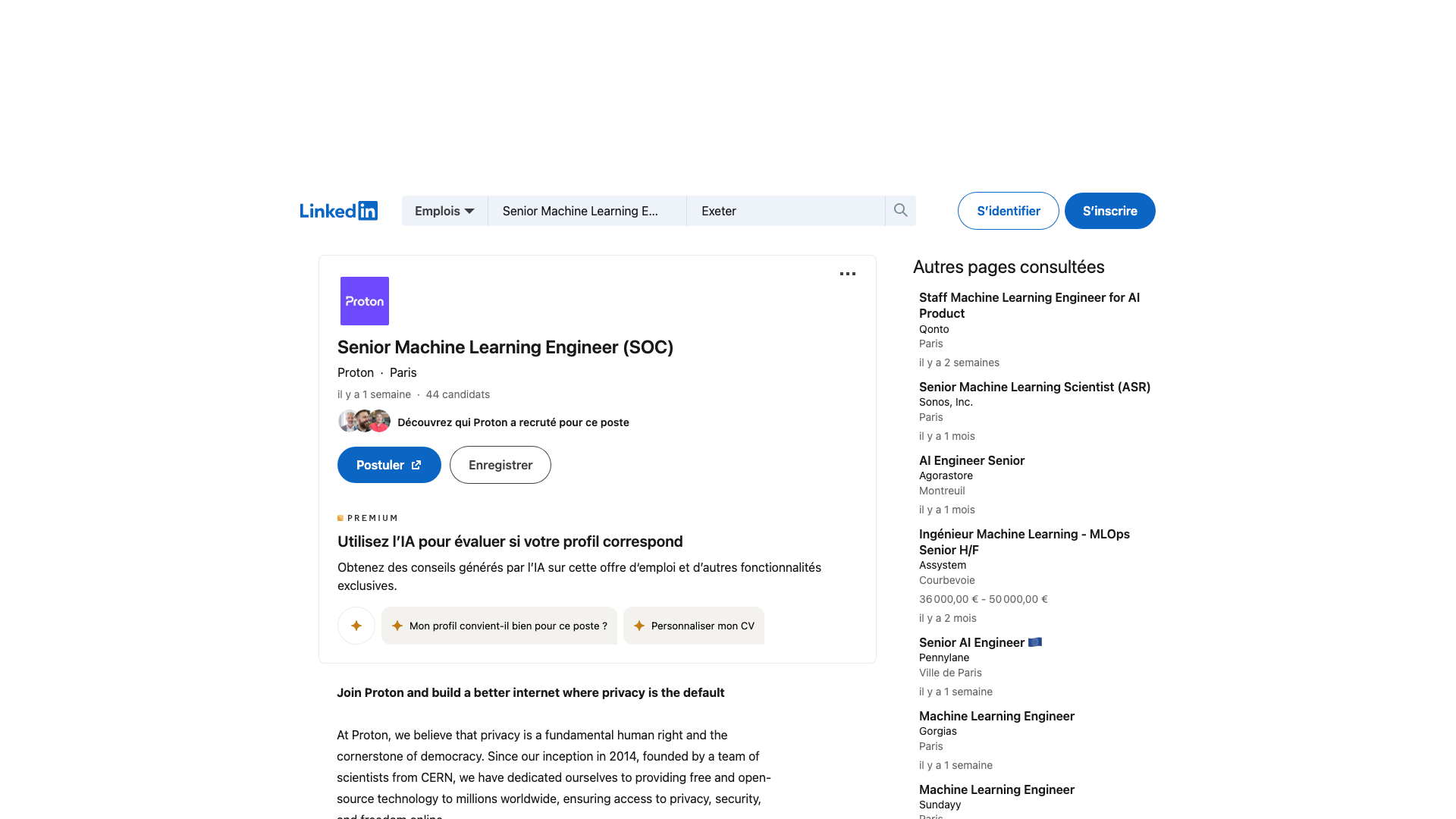Screenshot of the Proton Senior Machine Learning Engineer (SOC) job posting, captured 2026-09-05