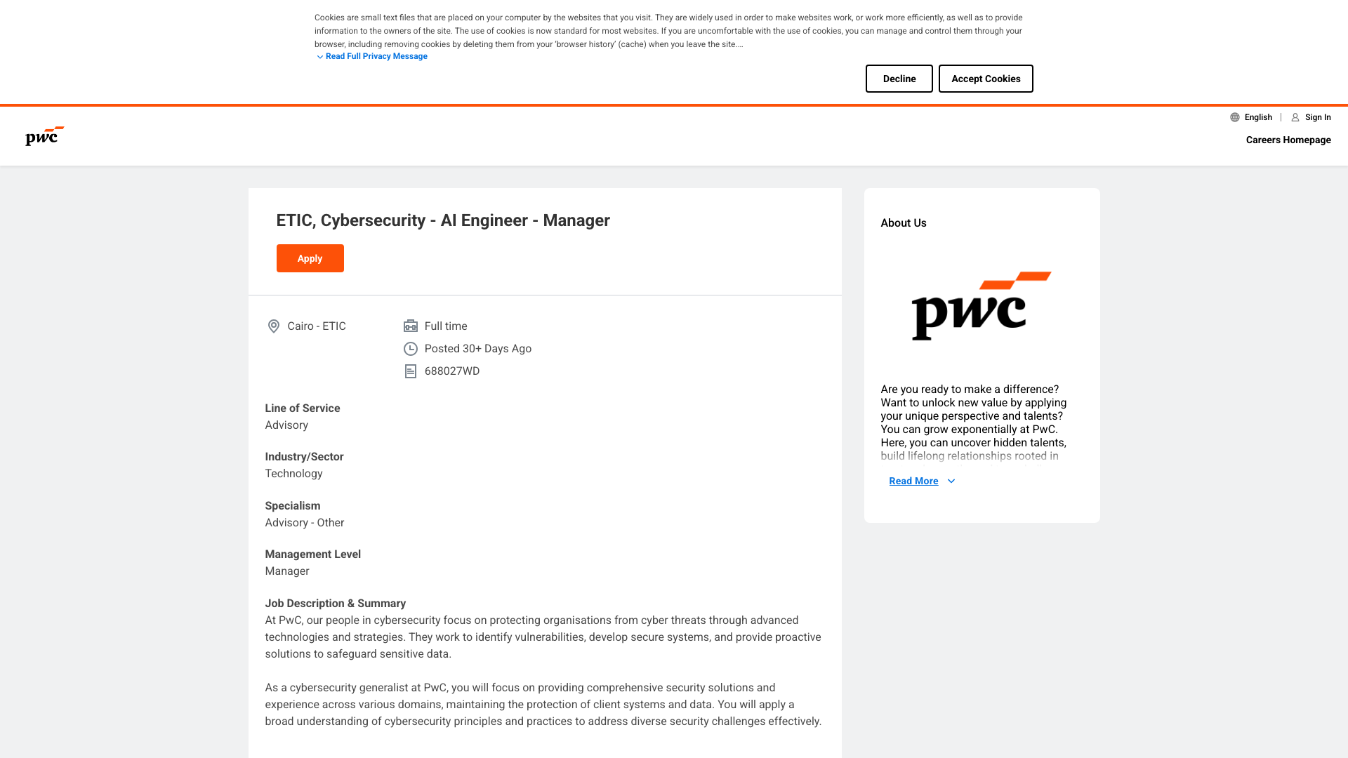 Screenshot of the PwC ETIC, Cybersecurity - AI Engineer - Manager job posting, captured 2026-10-22