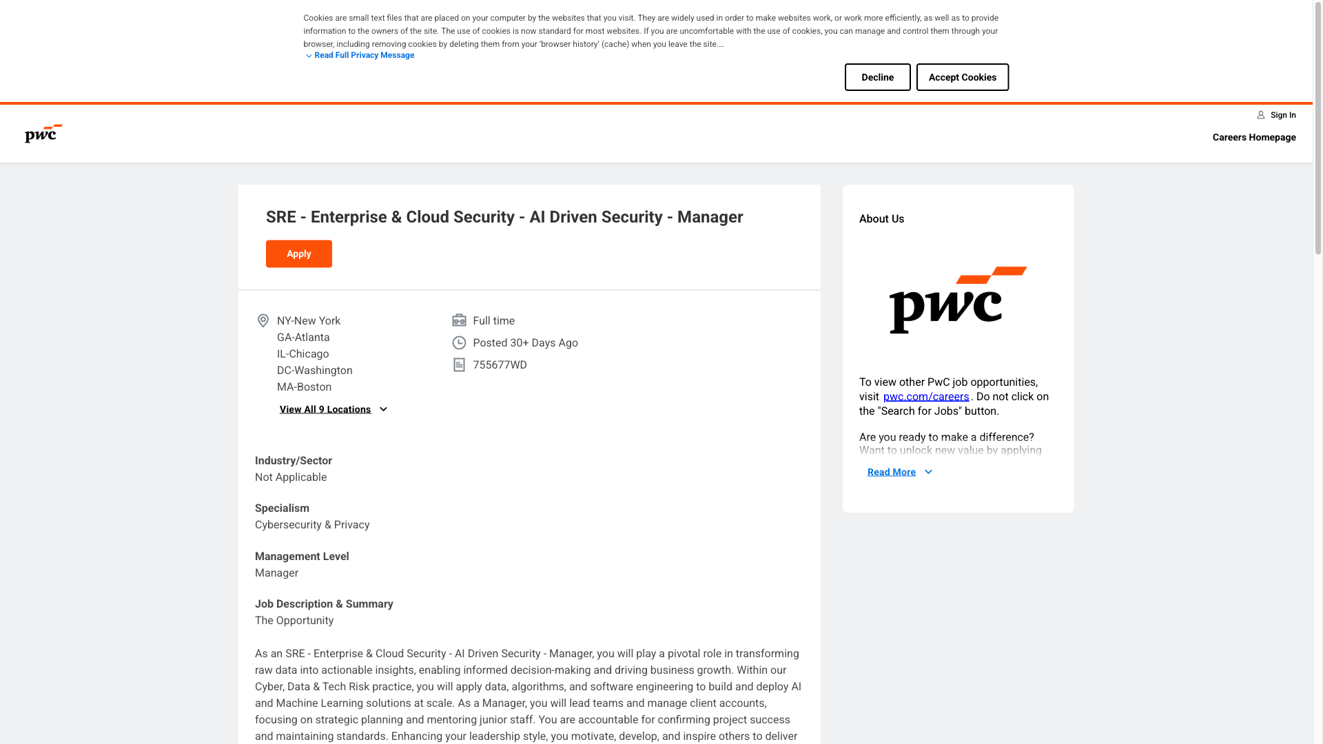 Screenshot of the PwC SRE - Enterprise & Cloud Security - AI Driven Security - Manager job posting, captured 2026-09-29