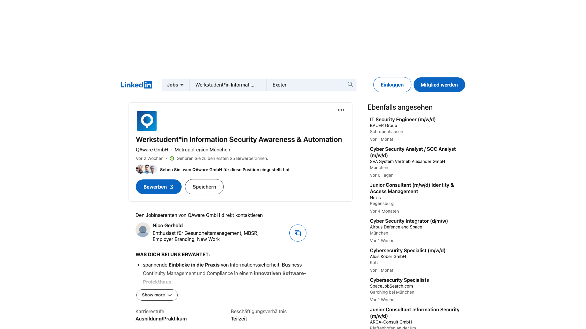Screenshot of the QAware Werkstudent*in Information Security Awareness & Automation job posting, captured 2026-09-05