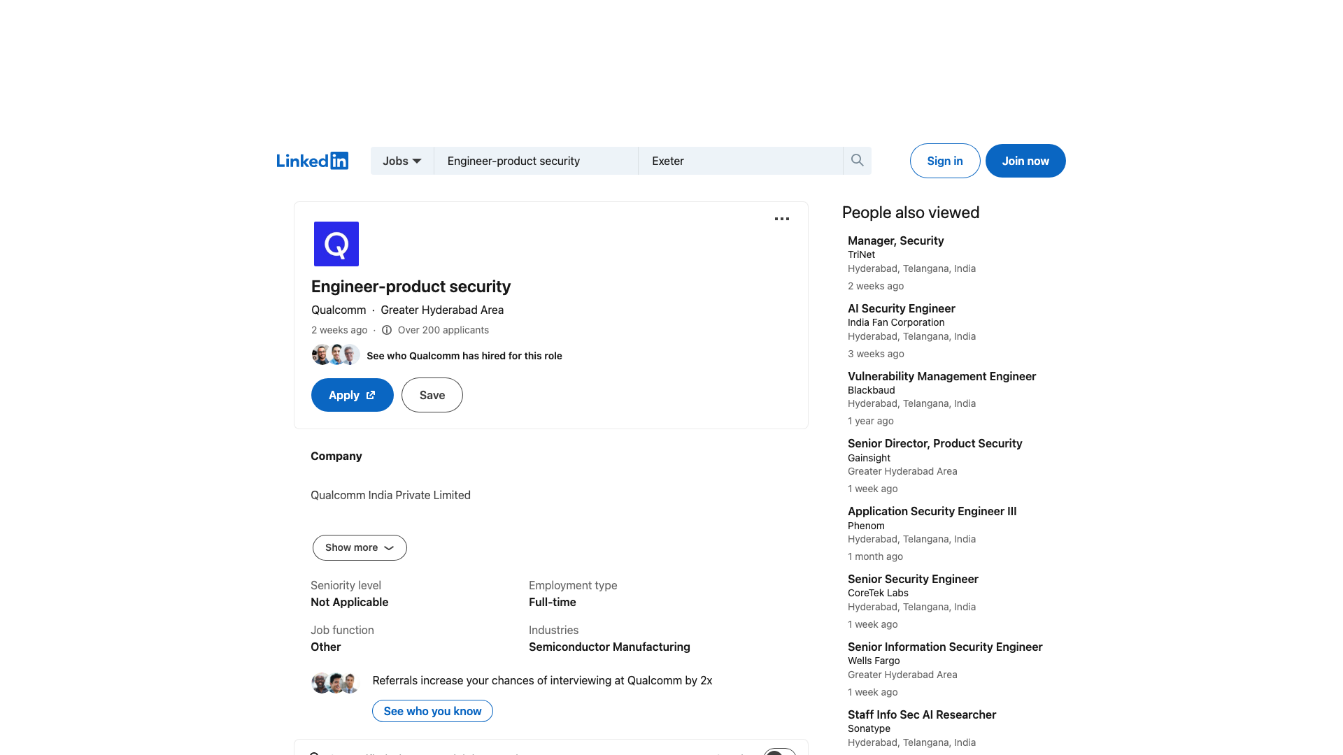 Screenshot of the Qualcomm Engineer - Product Security (AI-Native Security Automation) job posting, captured 2026-09-05