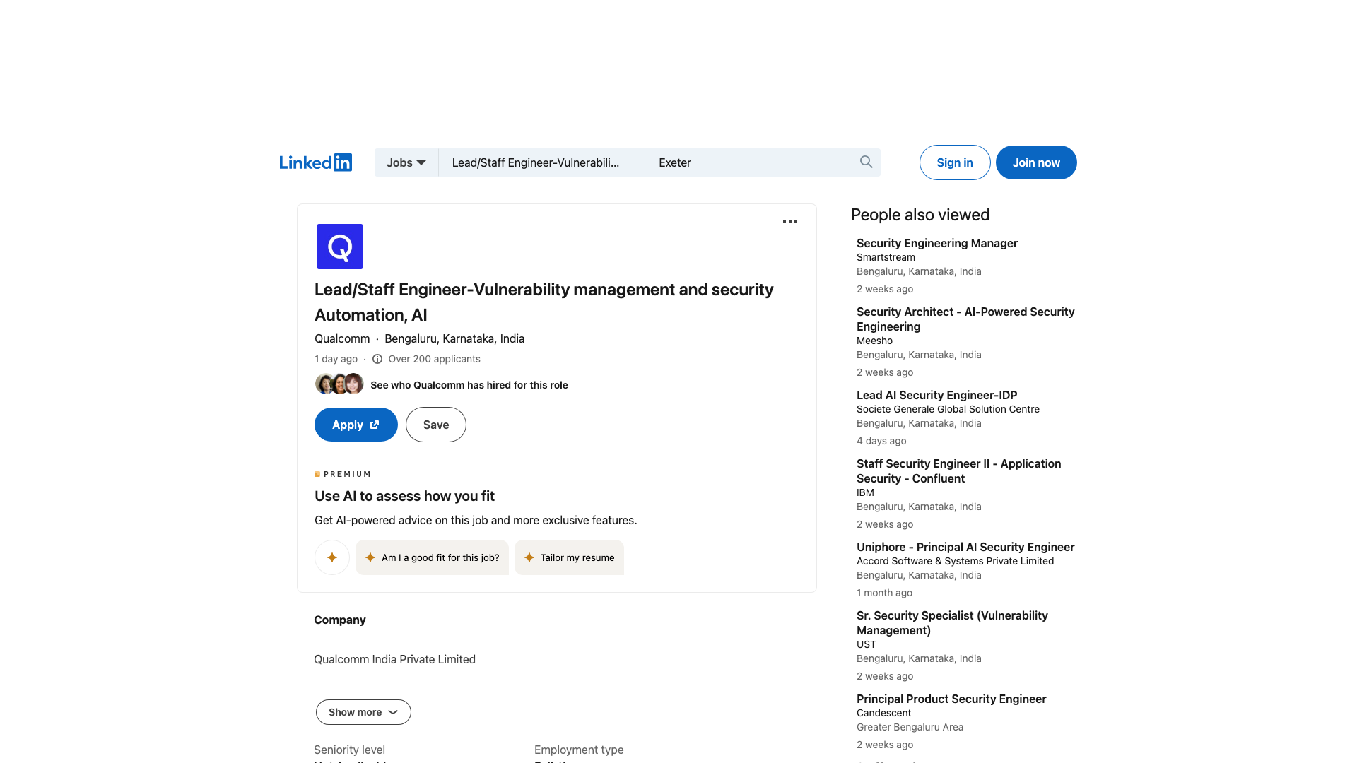 Screenshot of the Qualcomm Lead/Staff Engineer - Vulnerability management and security Automation, AI job posting, captured 2026-09-05