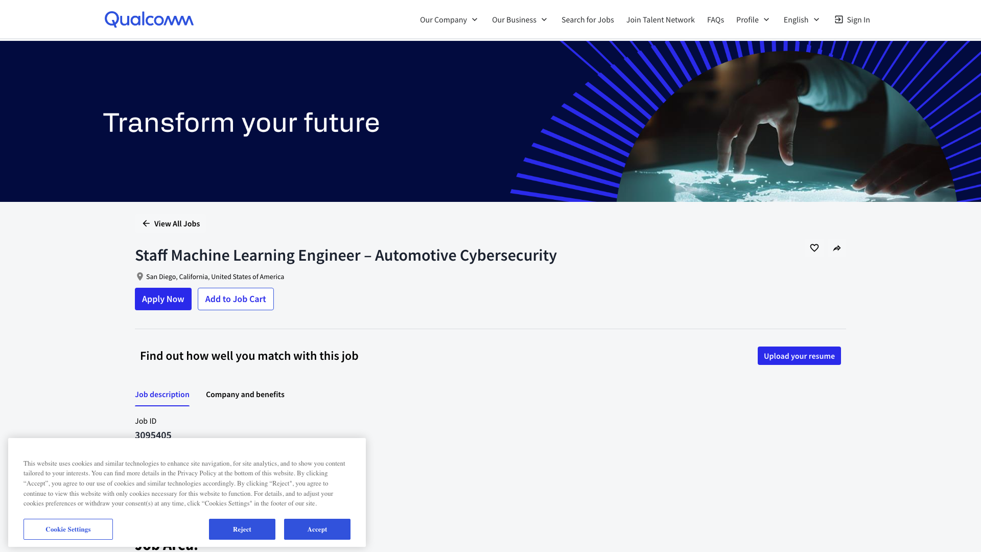 Screenshot of the Qualcomm Staff Machine Learning Engineer – Automotive Cybersecurity job posting, captured 2026-10-25