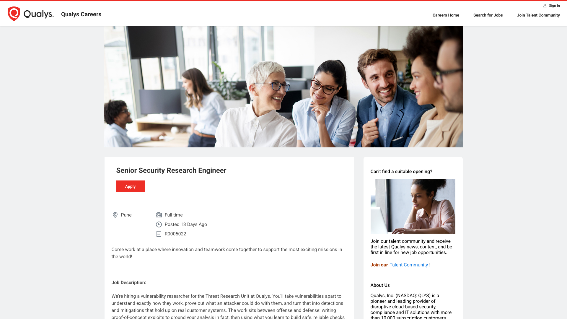 Screenshot of the Qualys Senior Security Research Engineer job posting, captured 2026-09-05