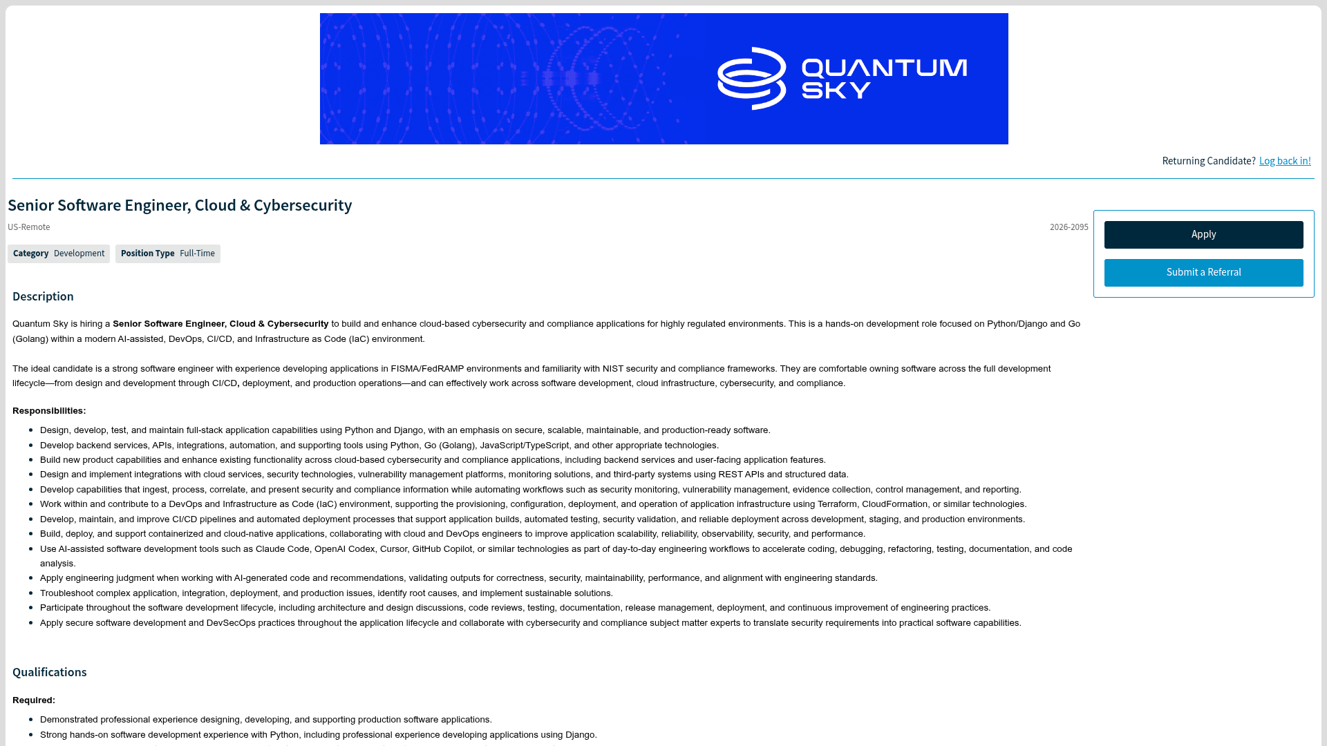 Screenshot of the Quantum Sky (Tyto Athene) Senior Software Engineer, Cloud & Cybersecurity job posting, captured 2026-08-31