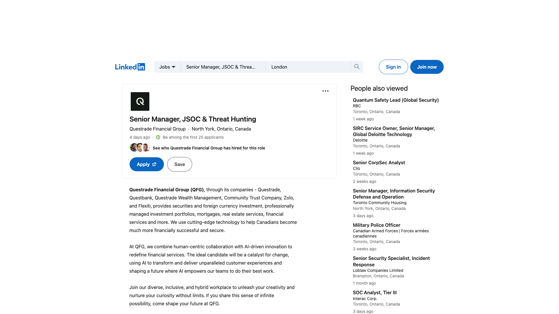 Screenshot of the Questrade Senior Manager, JSOC & Threat Hunting job posting, captured 2026-09-05