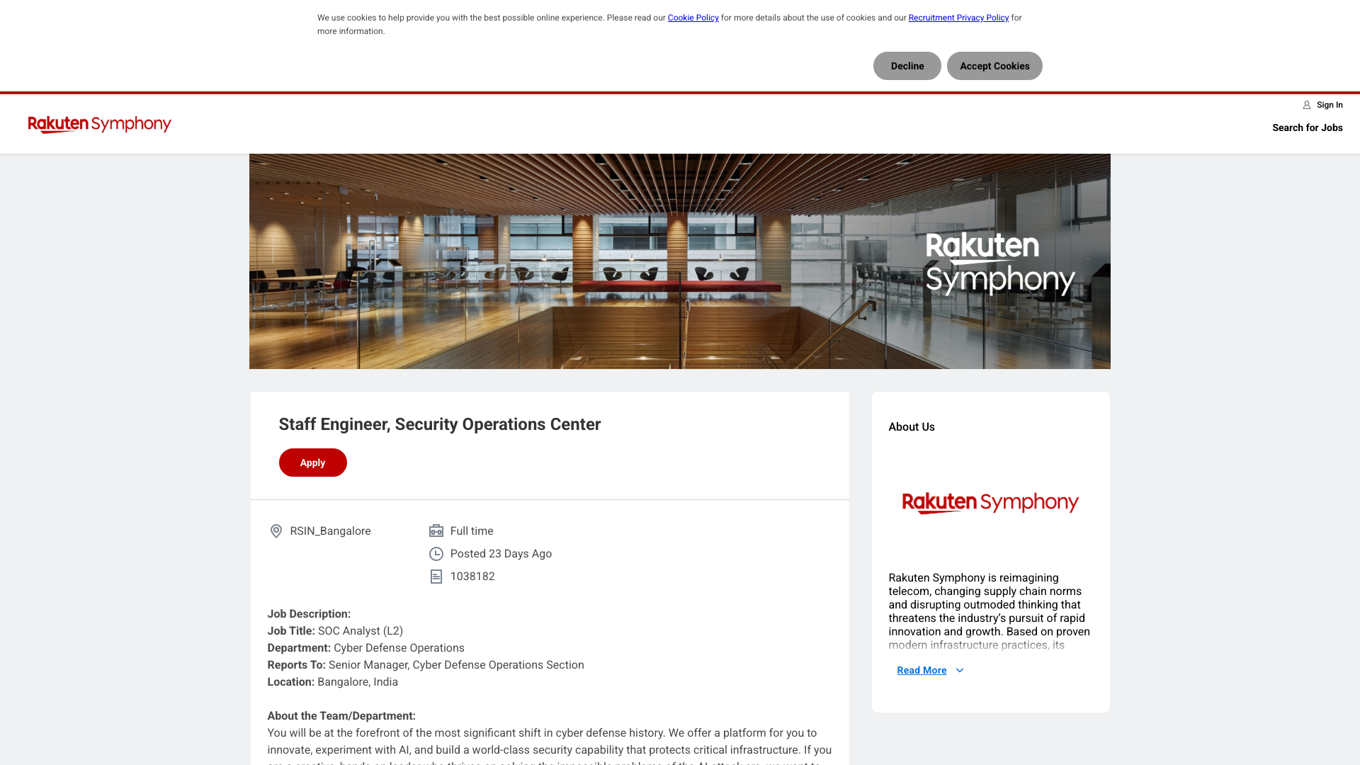 Screenshot of the Rakuten Symphony Staff Engineer, Security Operations Center job posting, captured 2026-10-22
