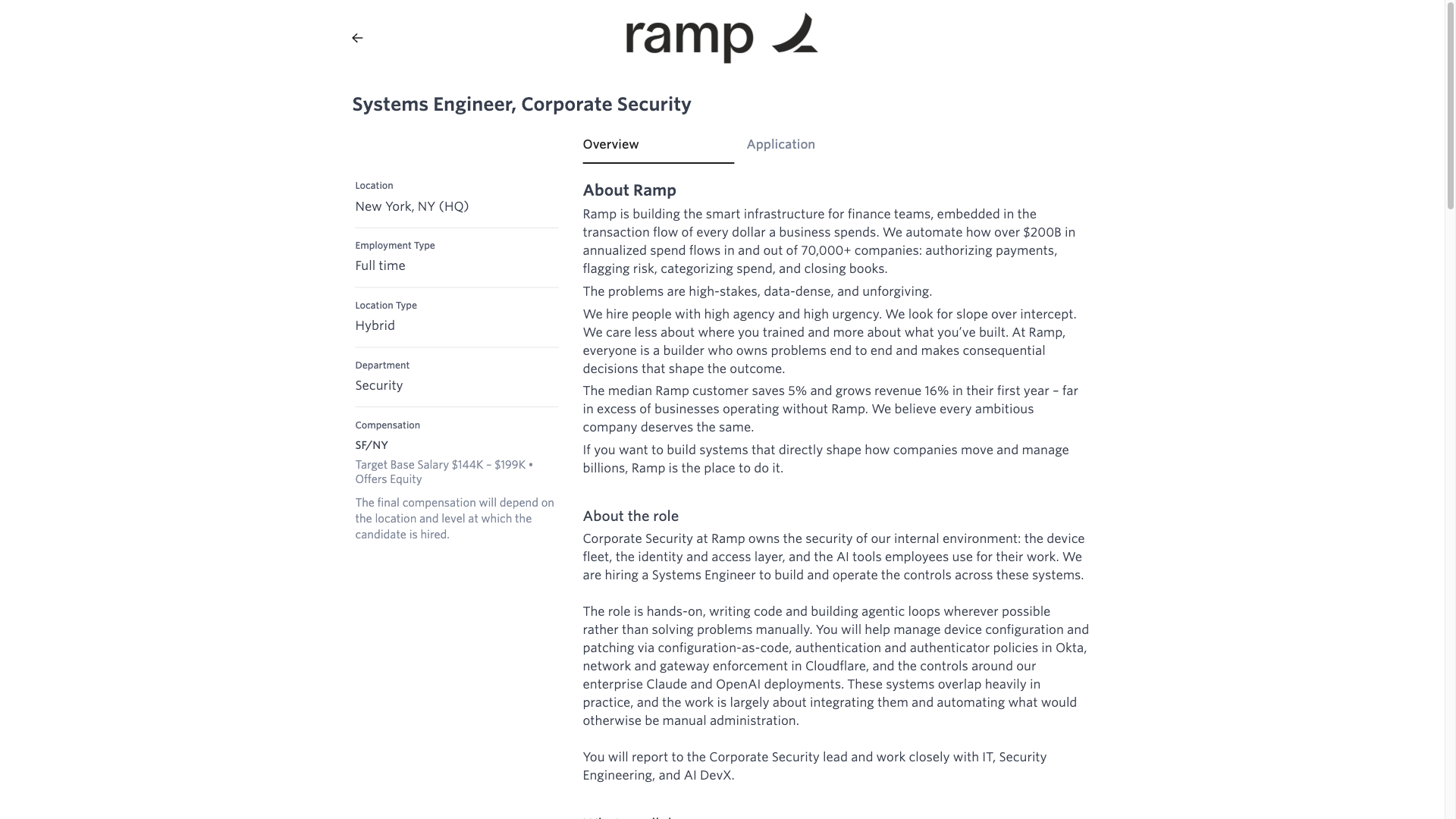Screenshot of the Ramp Systems Engineer, Corporate Security job posting, captured 2026-09-23
