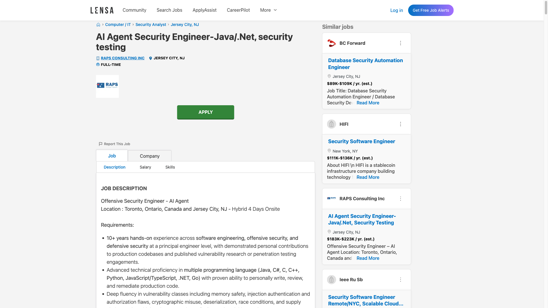 Screenshot of the RAPS Consulting AI Agent Security Engineer-Java/.Net, security testing job posting, captured 2026-10-08