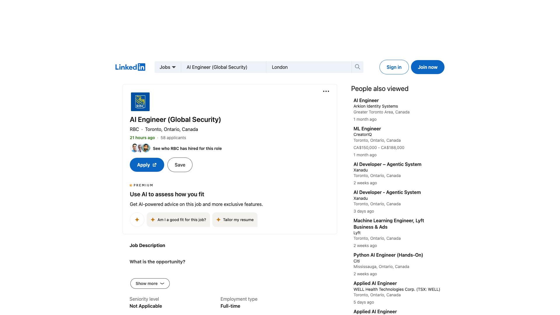 Screenshot of the RBC AI Engineer (Global Security) job posting, captured 2026-09-05