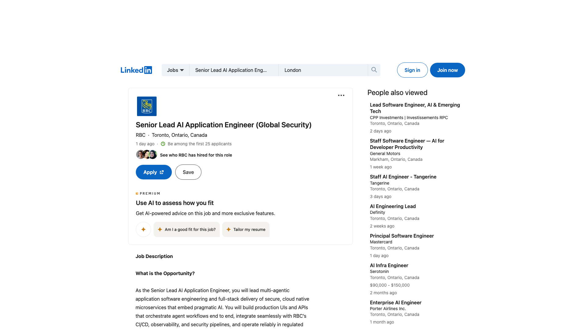 Screenshot of the RBC Senior Lead AI Application Engineer (Global Security) job posting, captured 2026-09-05