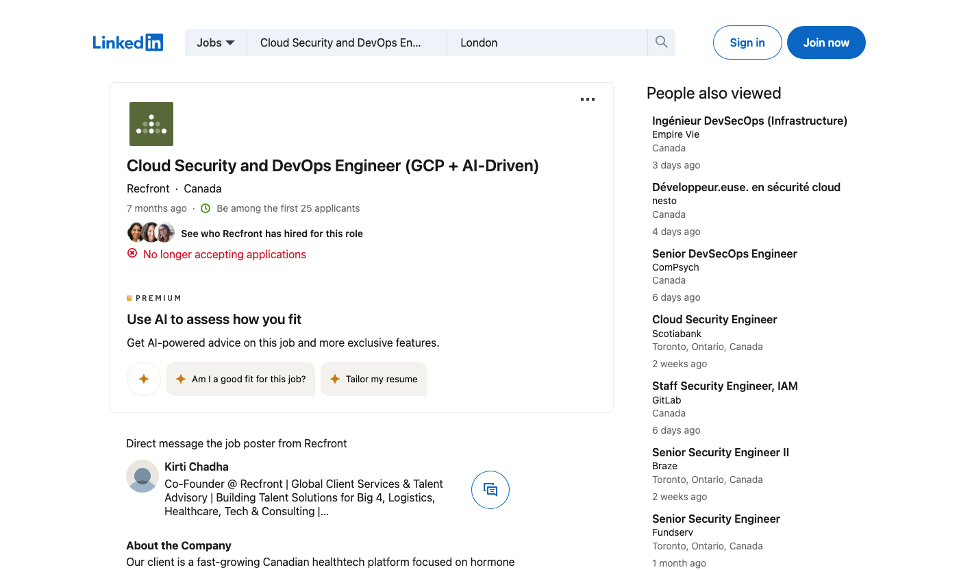 Screenshot of the Recfront Cloud Security and DevOps Engineer (GCP + AI-Driven) job posting, captured 2026-09-05