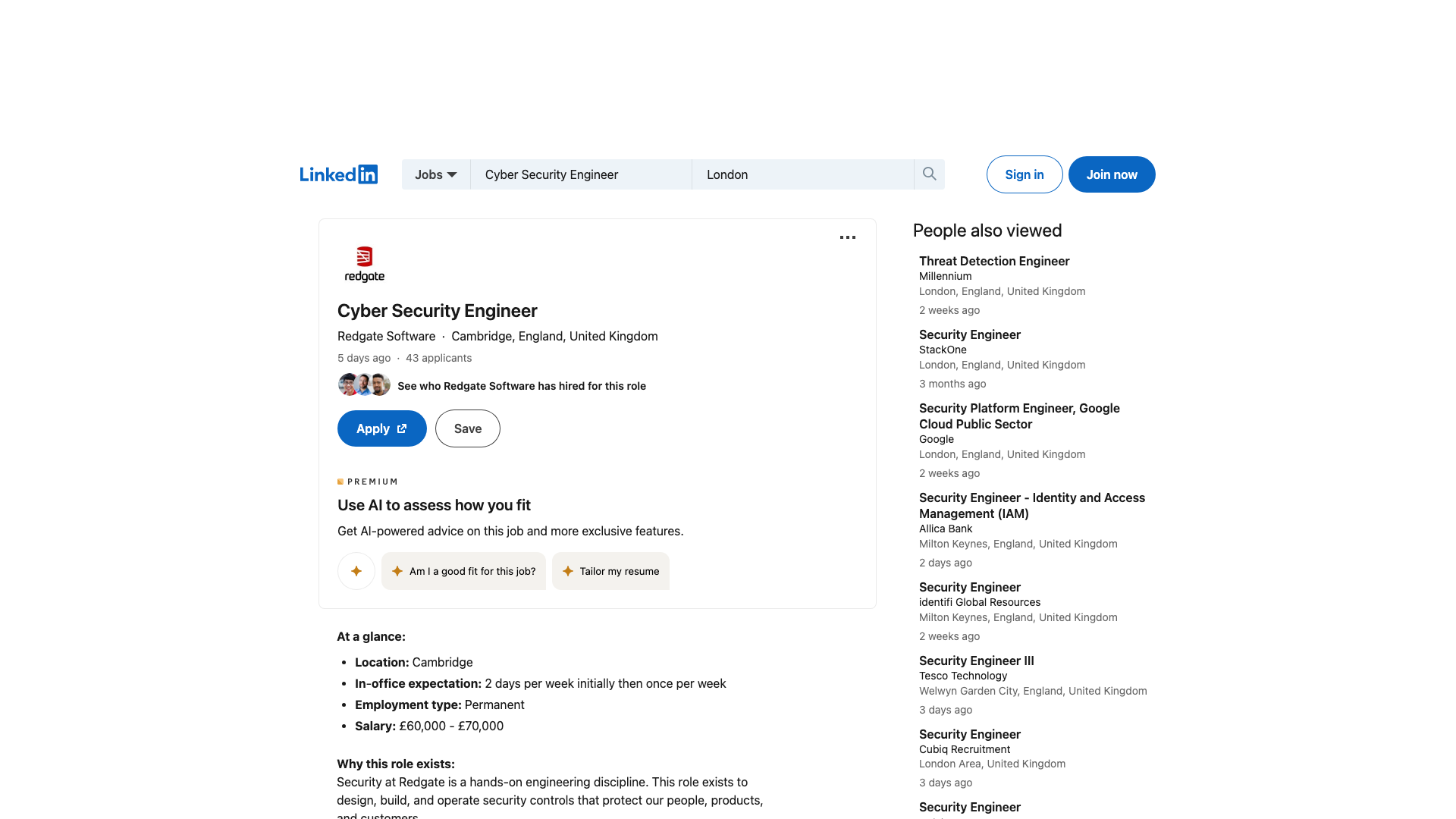 Screenshot of the Redgate Software Cyber Security Engineer job posting, captured 2026-09-05