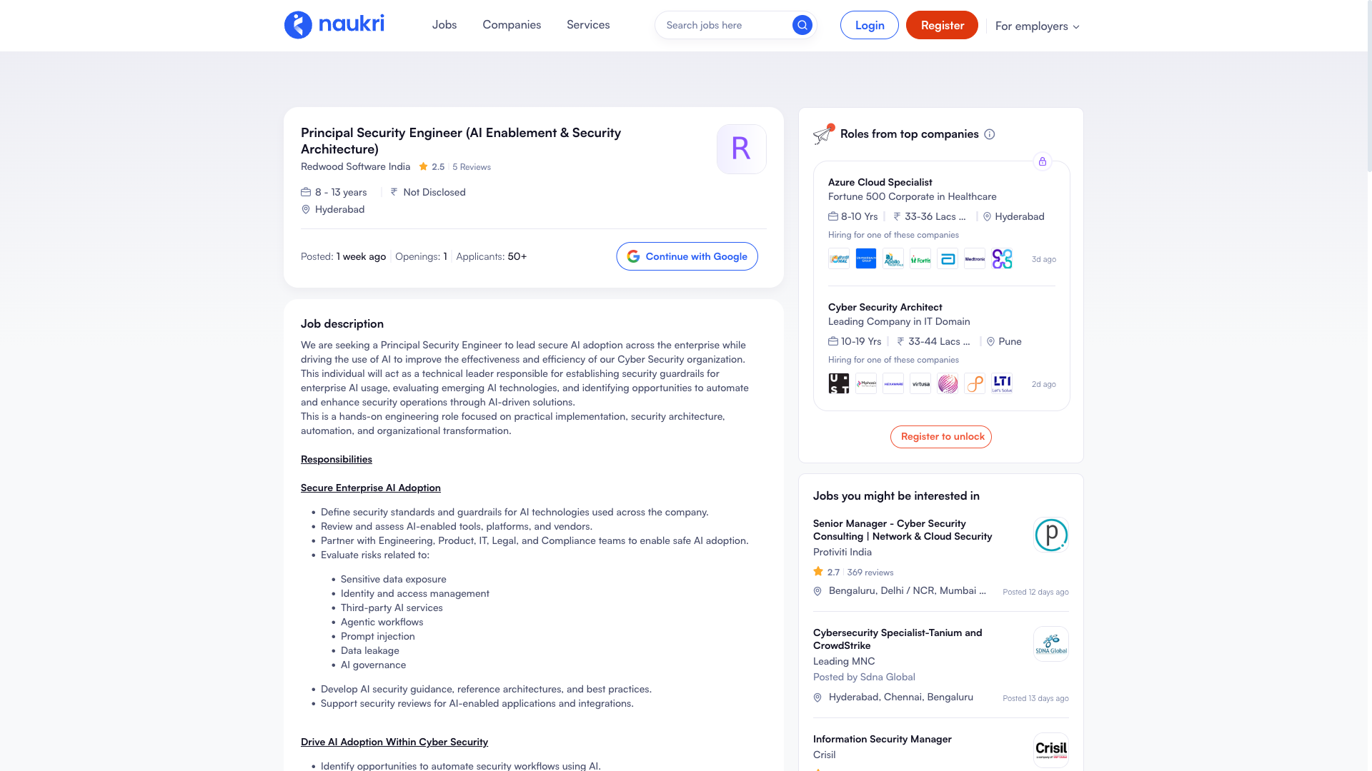Screenshot of the Redwood Software Principal Security Engineer (AI Enablement & Security Architecture) job posting, captured 2026-09-05