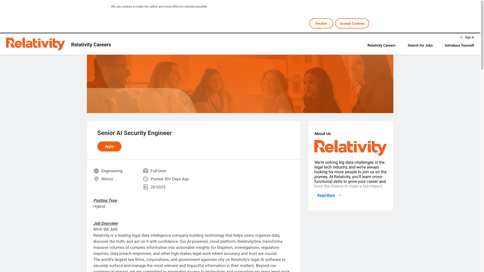 Screenshot of the Relativity Senior AI Security Engineer job posting, captured 2026-10-08