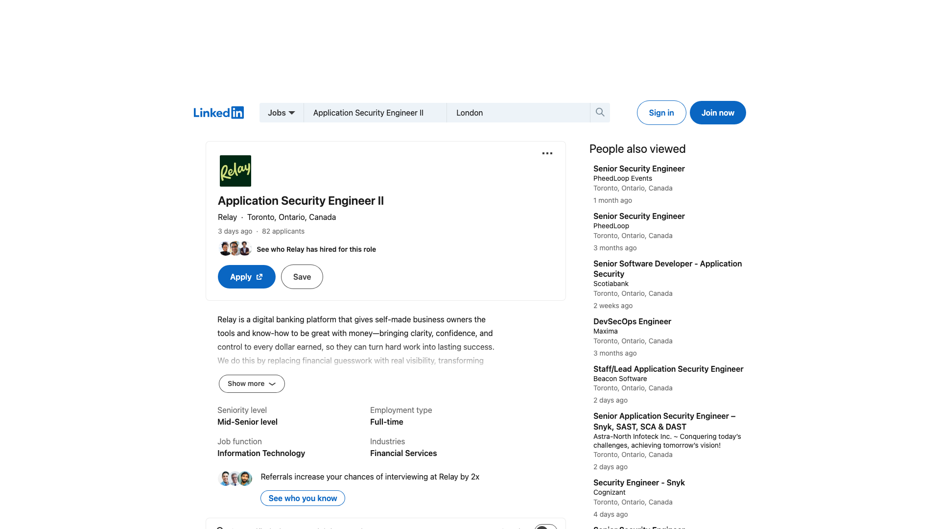 Screenshot of the Relay Application Security Engineer II job posting, captured 2026-09-05