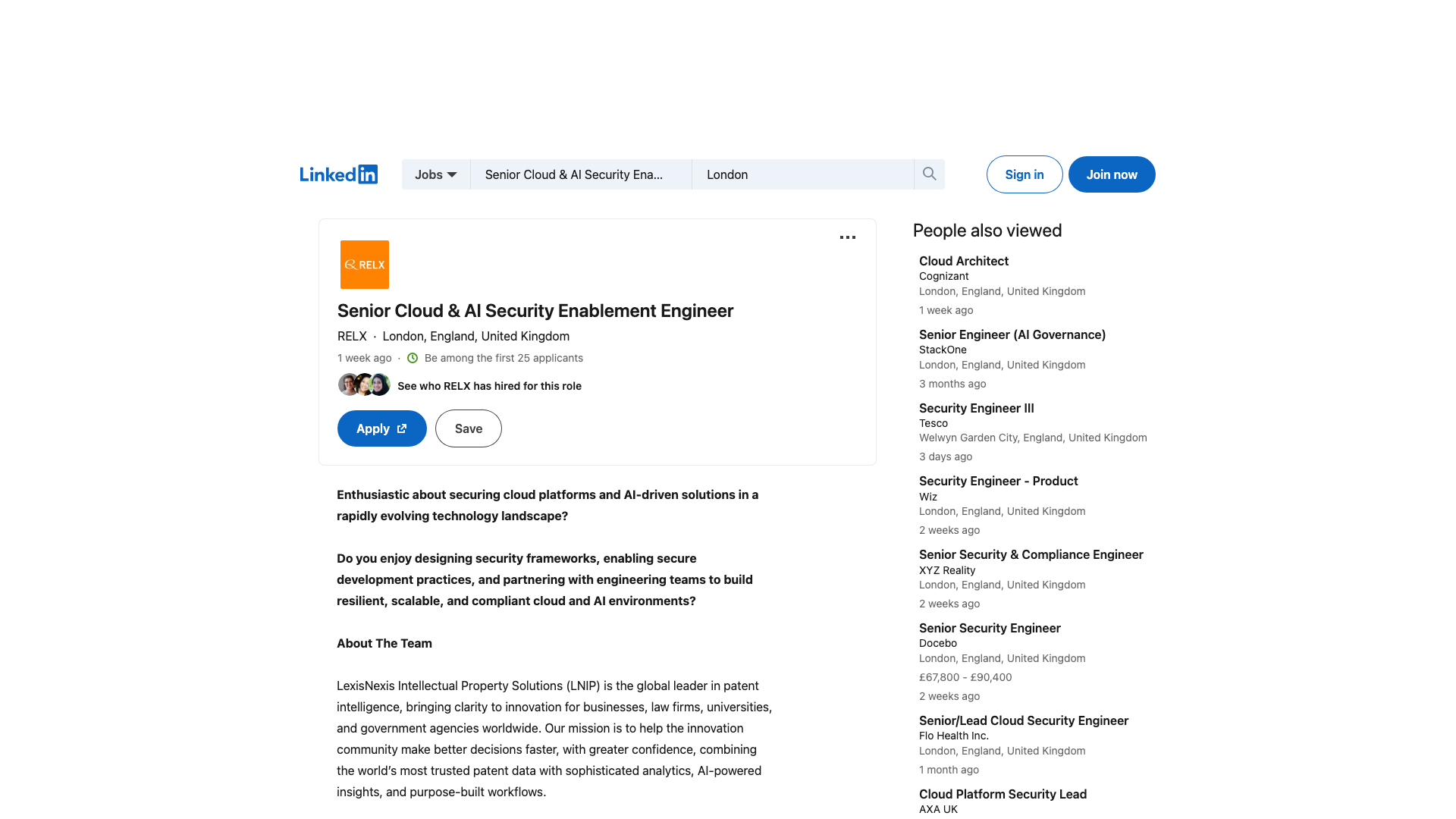 Screenshot of the RELX (LexisNexis IP) Senior Cloud & AI Security Enablement Engineer job posting, captured 2026-09-05