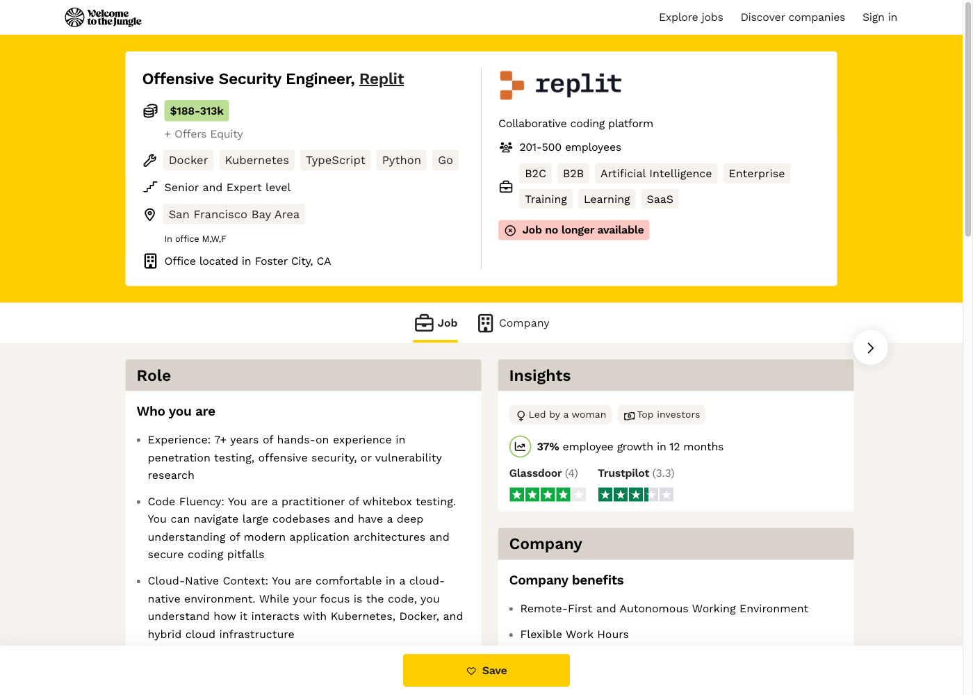 Screenshot of the Replit Offensive Security Engineer job posting, captured 2026-07-26