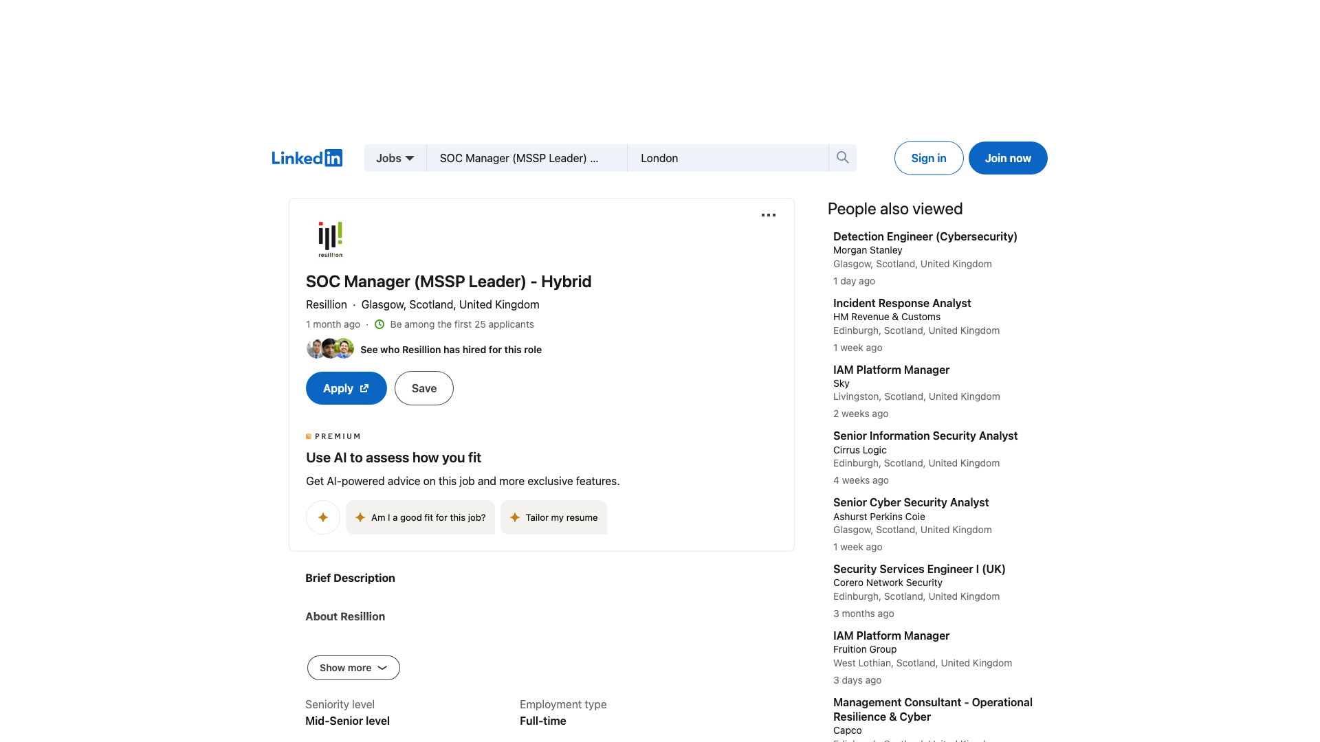 Screenshot of the Resillion SOC Manager (MSSP Leader) job posting, captured 2026-09-05