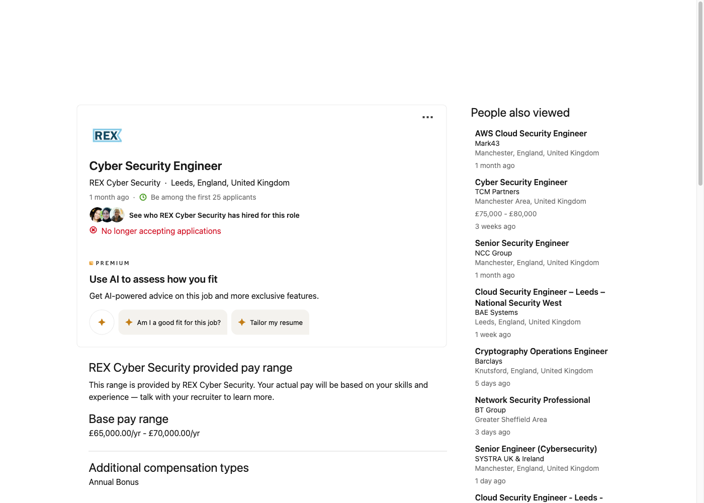 Screenshot of the REX Cyber Security (international law firm) Cyber Security Engineer job posting, captured 2026-09-05