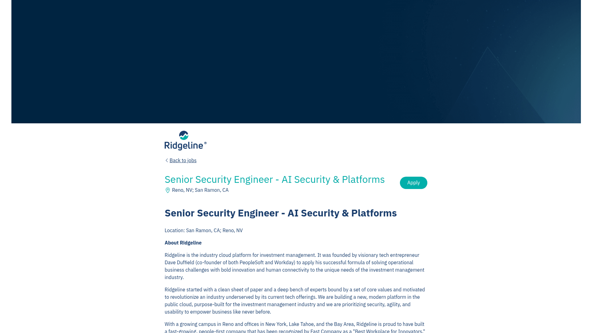 Screenshot of the Ridgeline Senior Security Engineer - AI Security & Platforms job posting, captured 2026-08-27