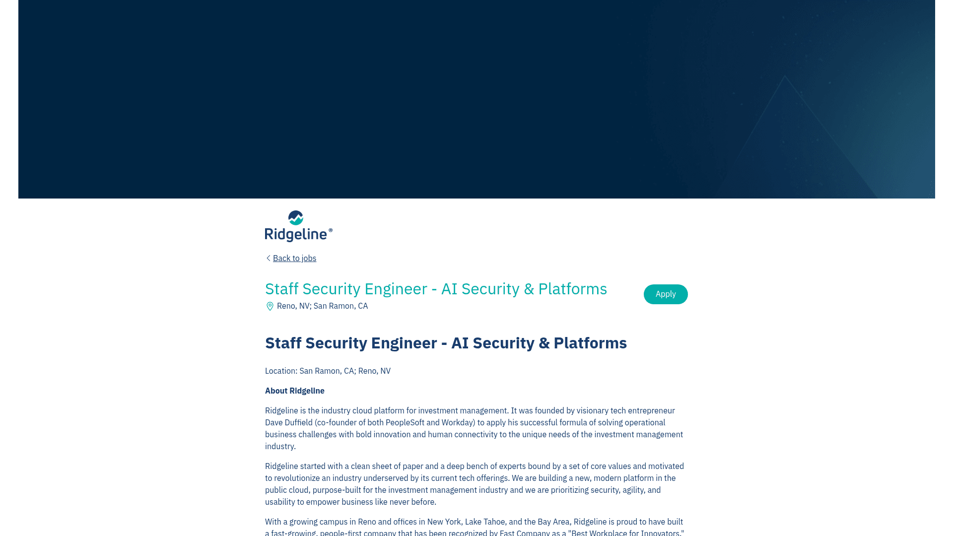 Screenshot of the Ridgeline Staff Security Engineer - AI Security & Platforms job posting, captured 2026-08-27