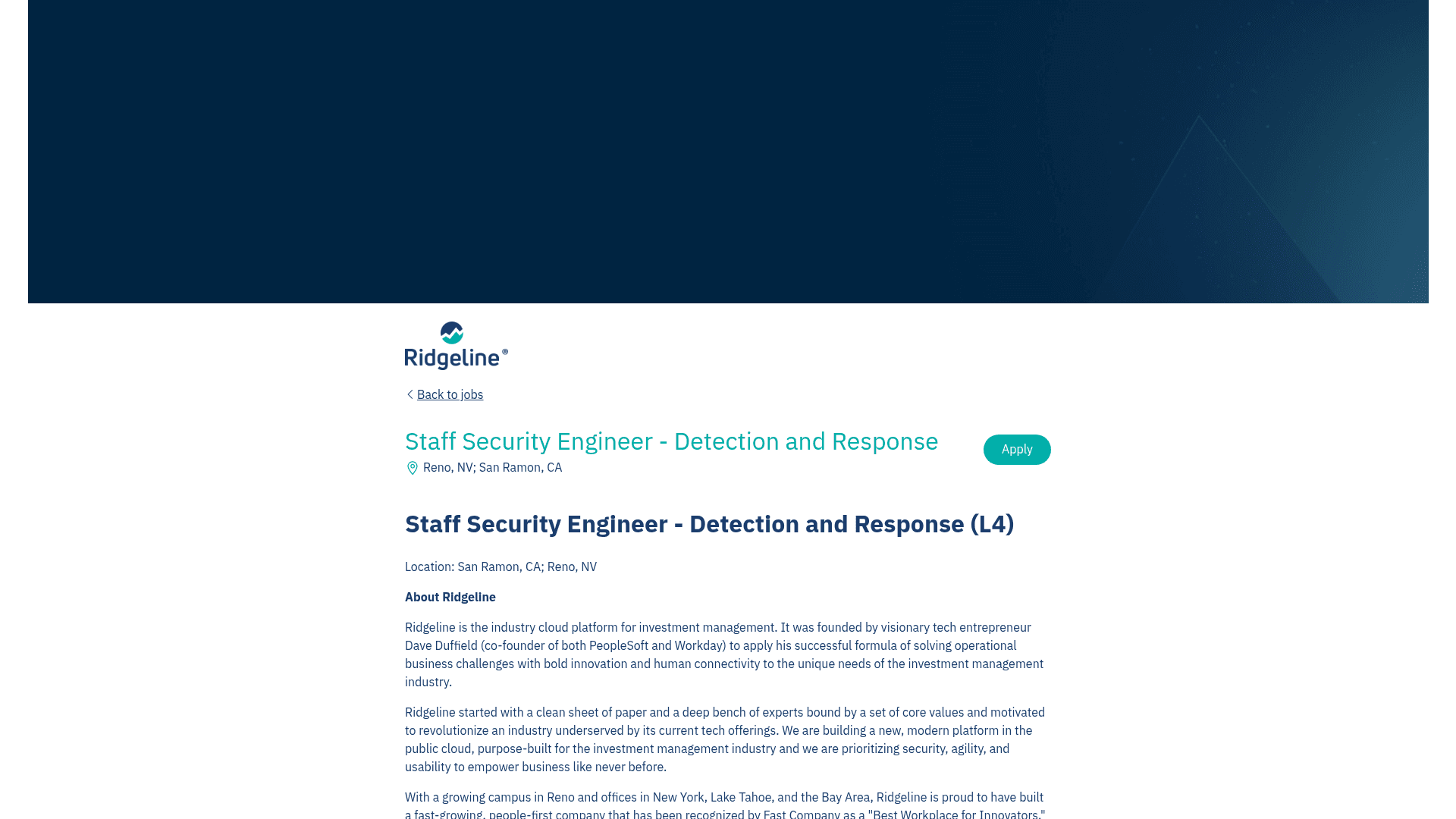 Screenshot of the Ridgeline Staff Security Engineer - Detection and Response job posting, captured 2026-08-27